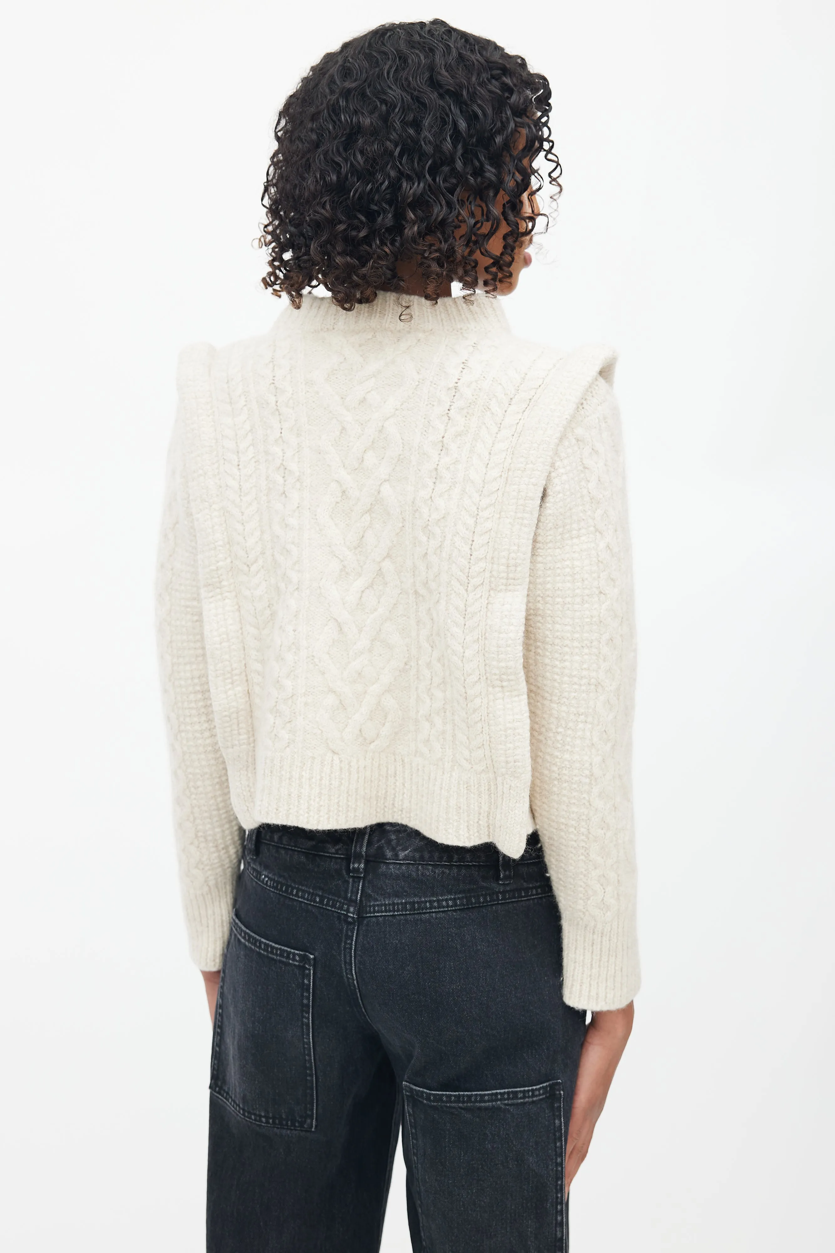 Beige Cable Knit Mockneck Sweater