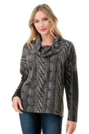 Cable Knit Sweater Pleather Sleeve