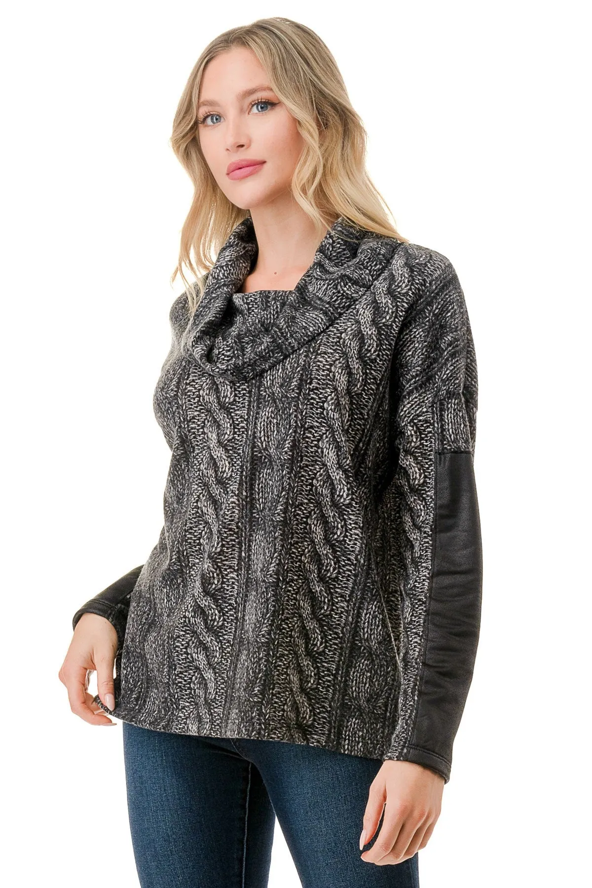 Cable Knit Sweater Pleather Sleeve