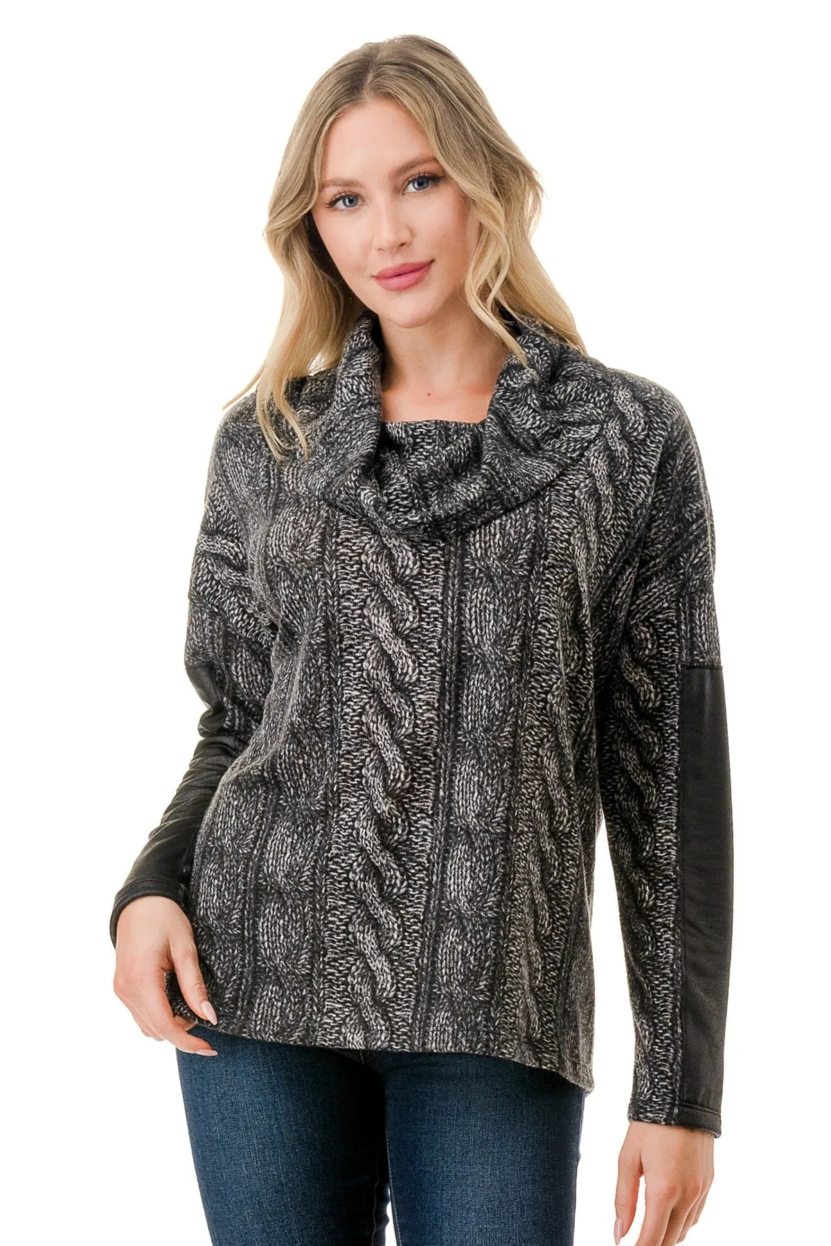 Cable Knit Sweater Pleather Sleeve
