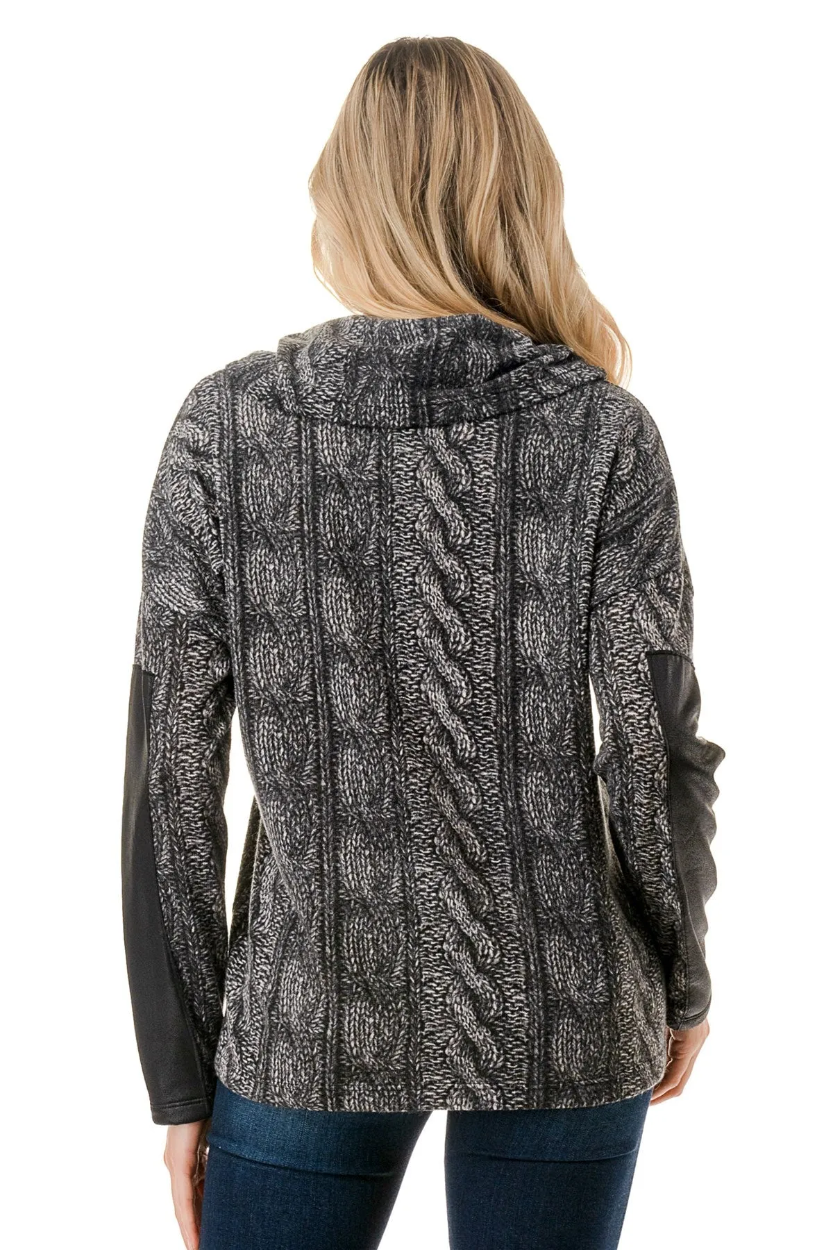 Cable Knit Sweater Pleather Sleeve