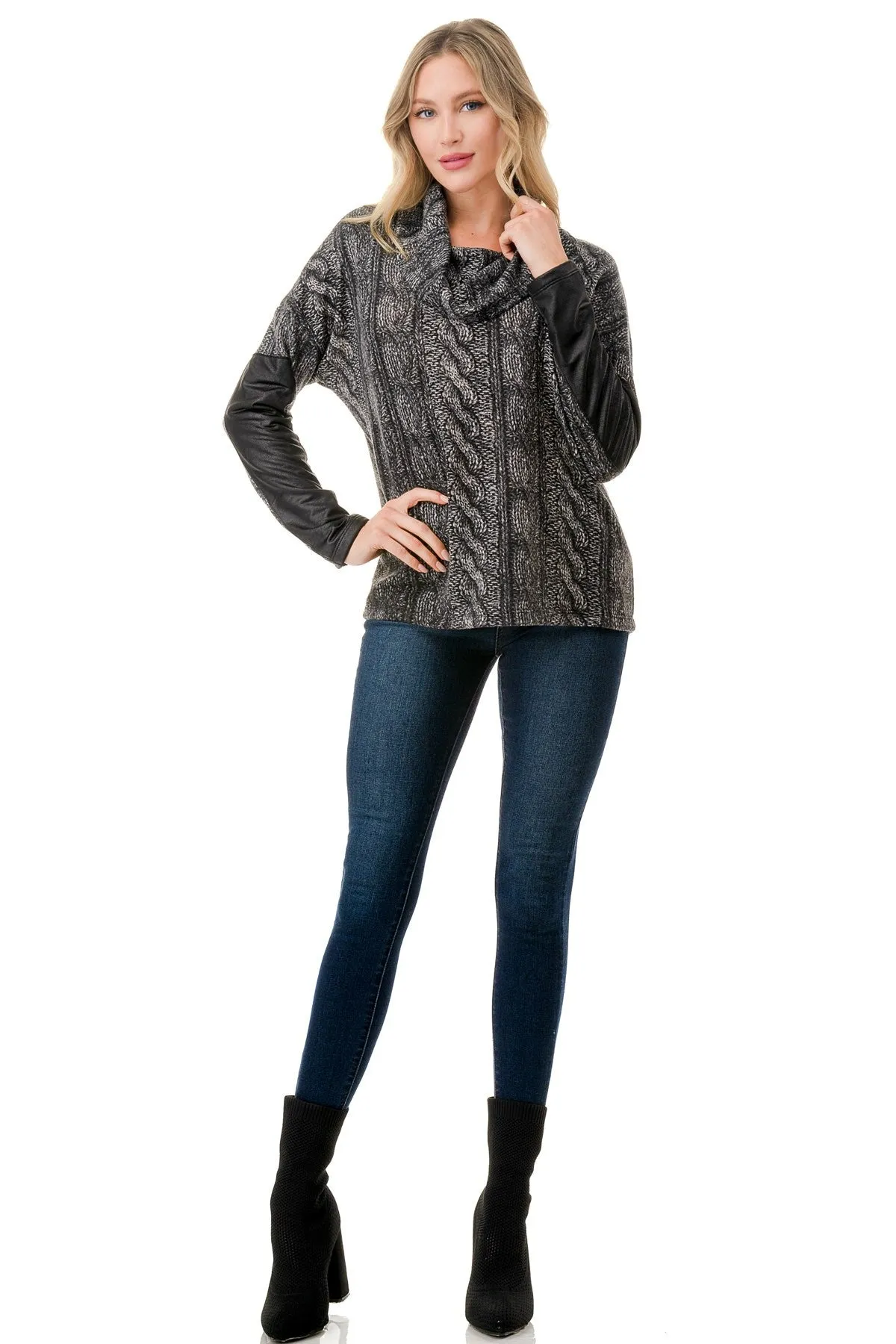 Cable Knit Sweater Pleather Sleeve
