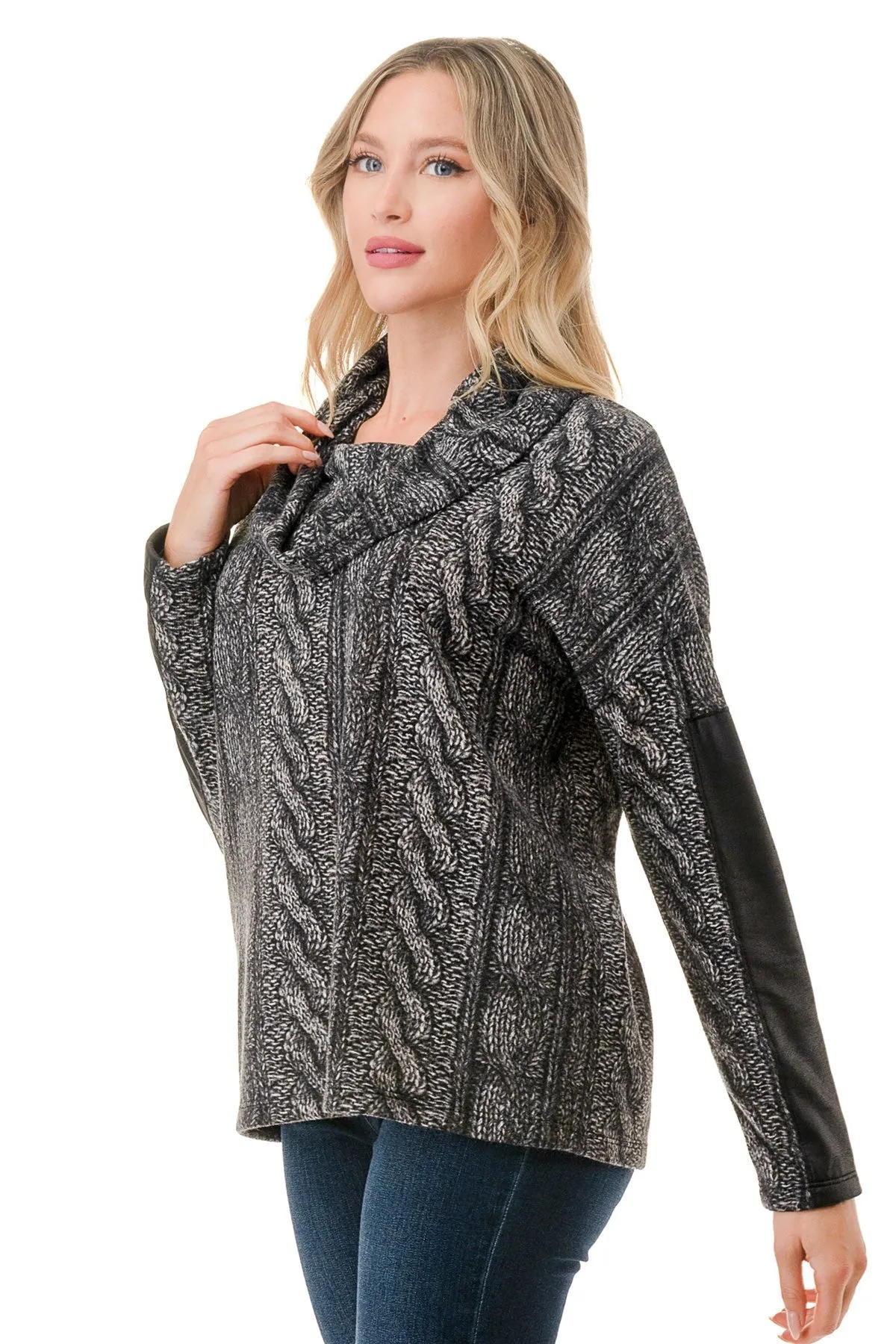 Cable Knit Sweater Pleather Sleeve