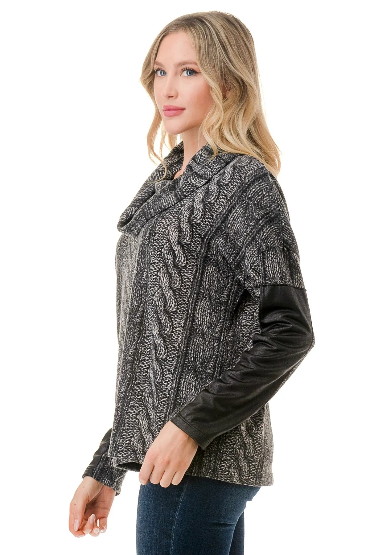 Cable Knit Sweater Pleather Sleeve