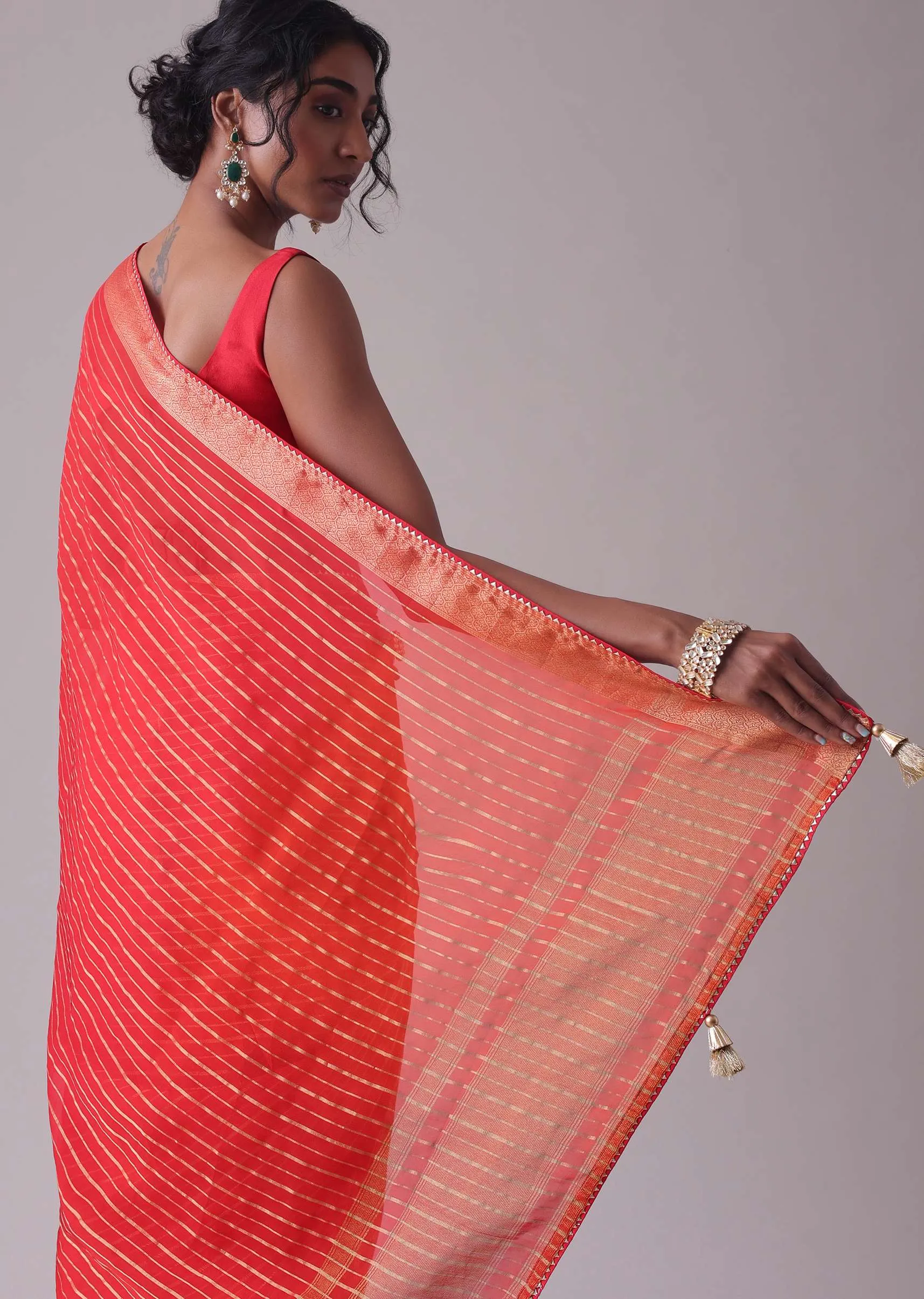 Chinese Red Woven Saree In Organza