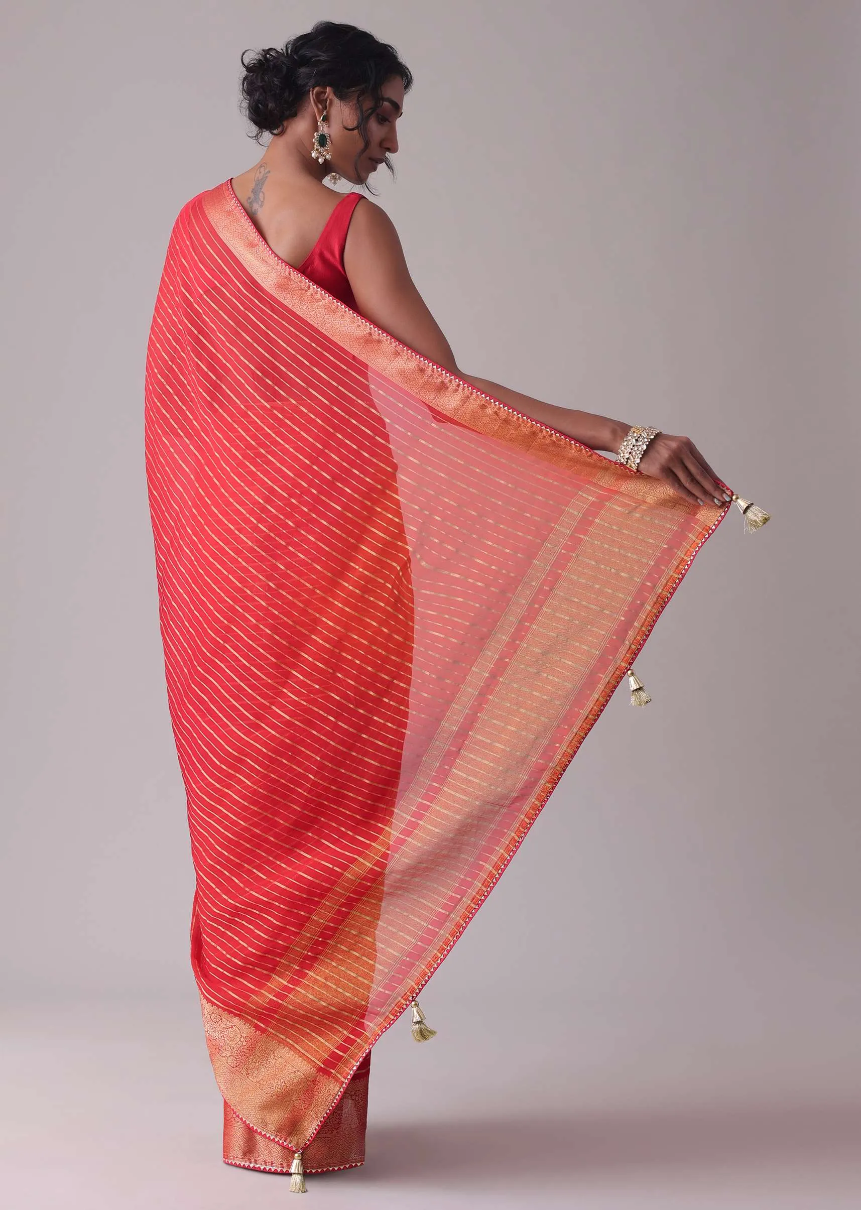 Chinese Red Woven Saree In Organza