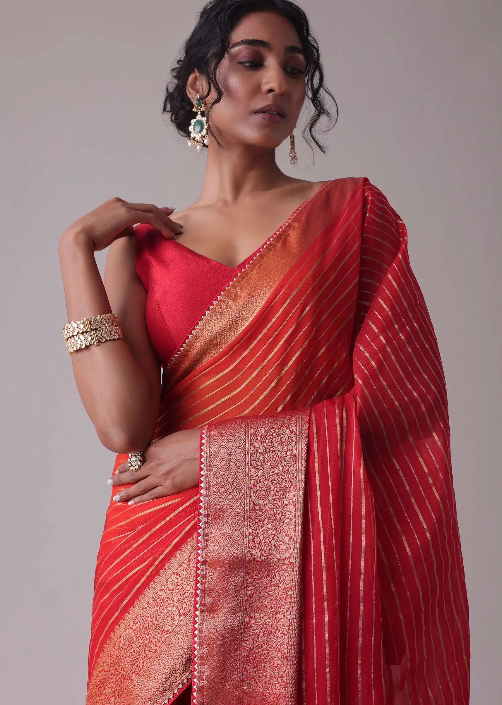Chinese Red Woven Saree In Organza