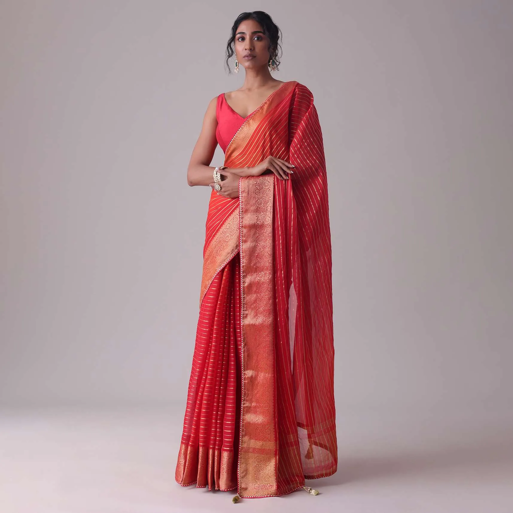 Chinese Red Woven Saree In Organza