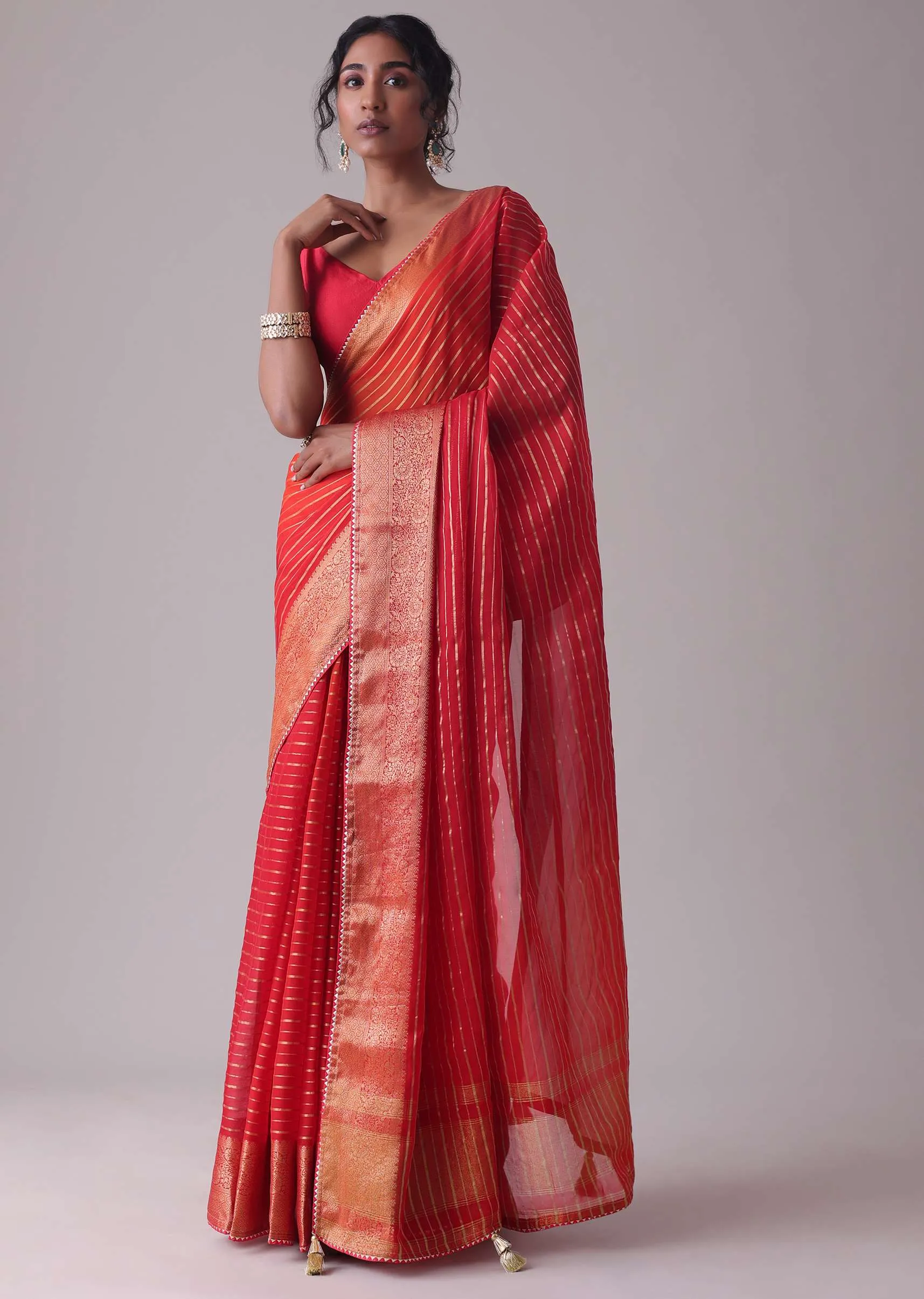 Chinese Red Woven Saree In Organza