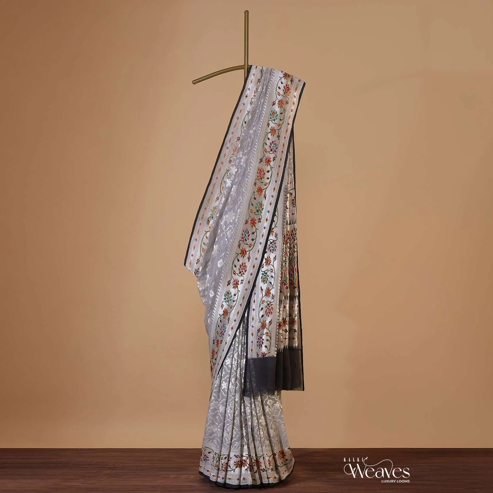 Cloud Grey Georgette Saree With Banarasi Zari With Meena Work Border And An Unstitched Blouse