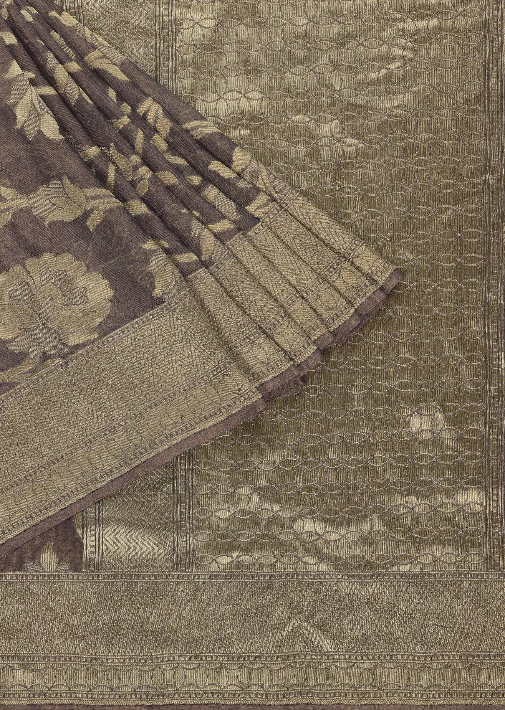 Fog Grey Saree In Tissue Georgette With Banarasi Zari Weave And An Unstitched Blouse