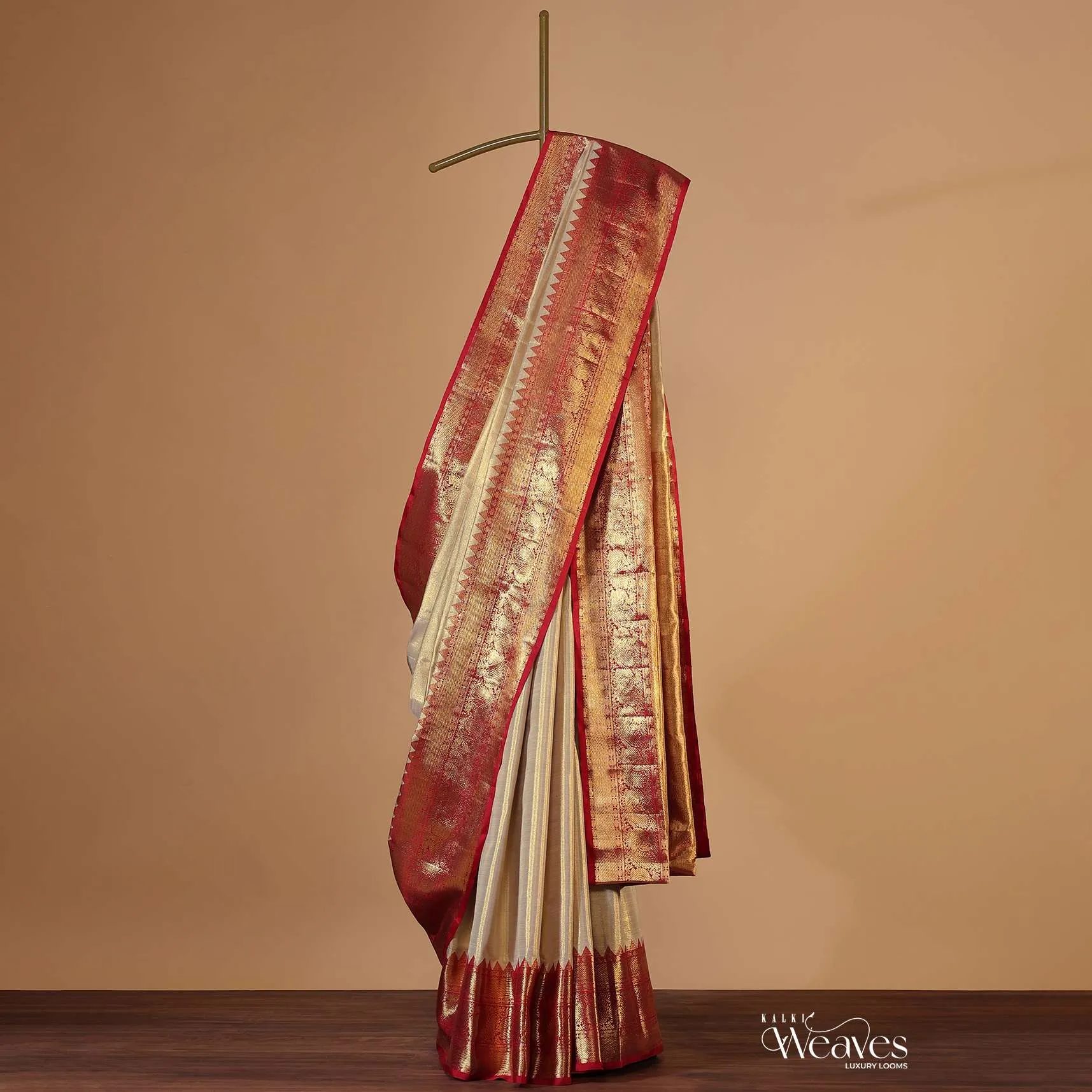 Gold-Toned Woven Kanjivaram Saree In Tissue Fabric With Red Border-Pallu And An Unstitched Blouse