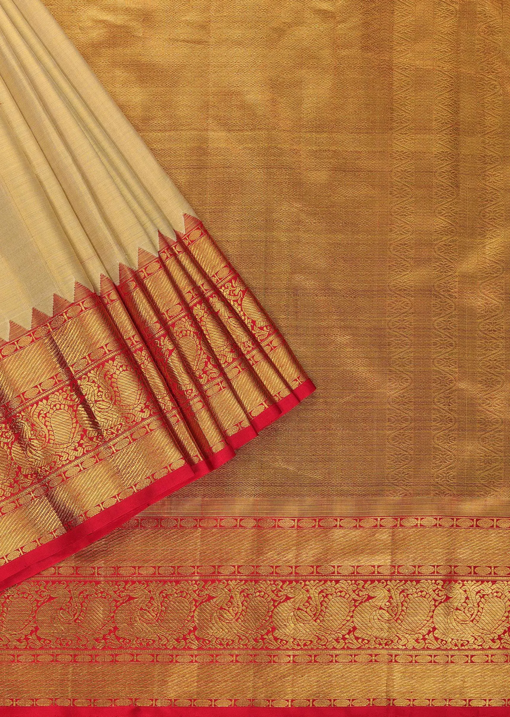 Gold-Toned Woven Kanjivaram Saree In Tissue Fabric With Red Border-Pallu And An Unstitched Blouse