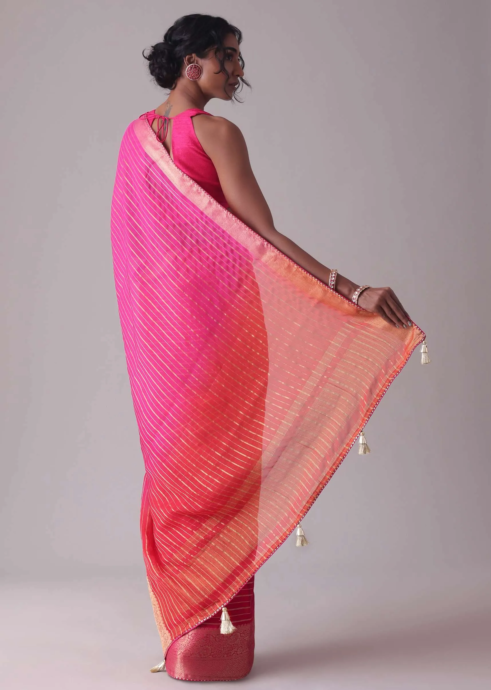 High-Risk Red Woven Ombre Saree In Organza