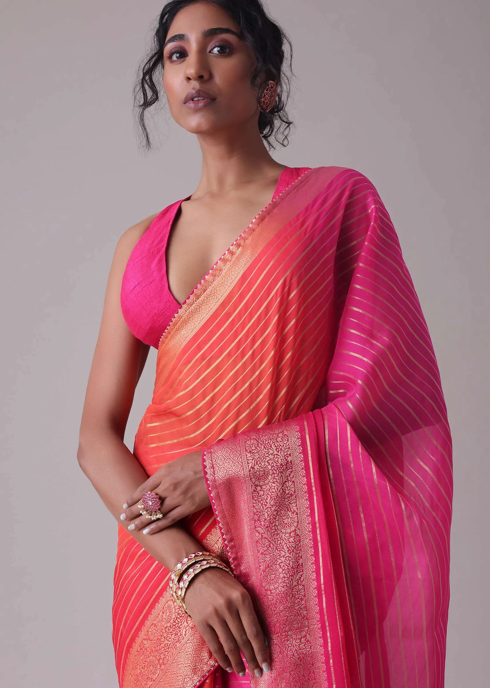 High-Risk Red Woven Ombre Saree In Organza