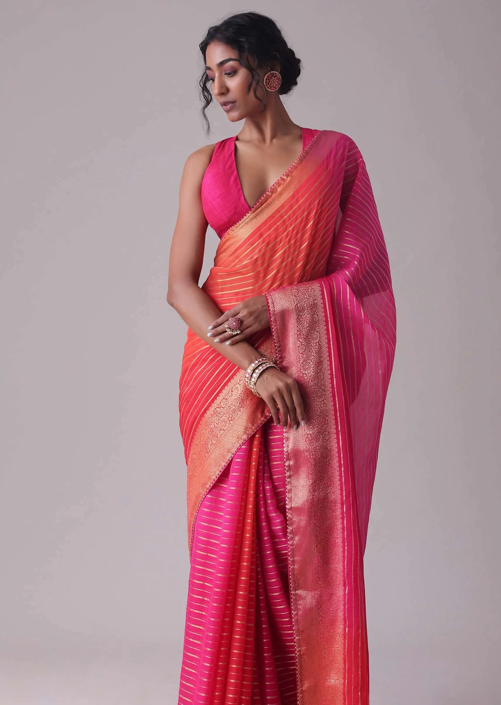 High-Risk Red Woven Ombre Saree In Organza
