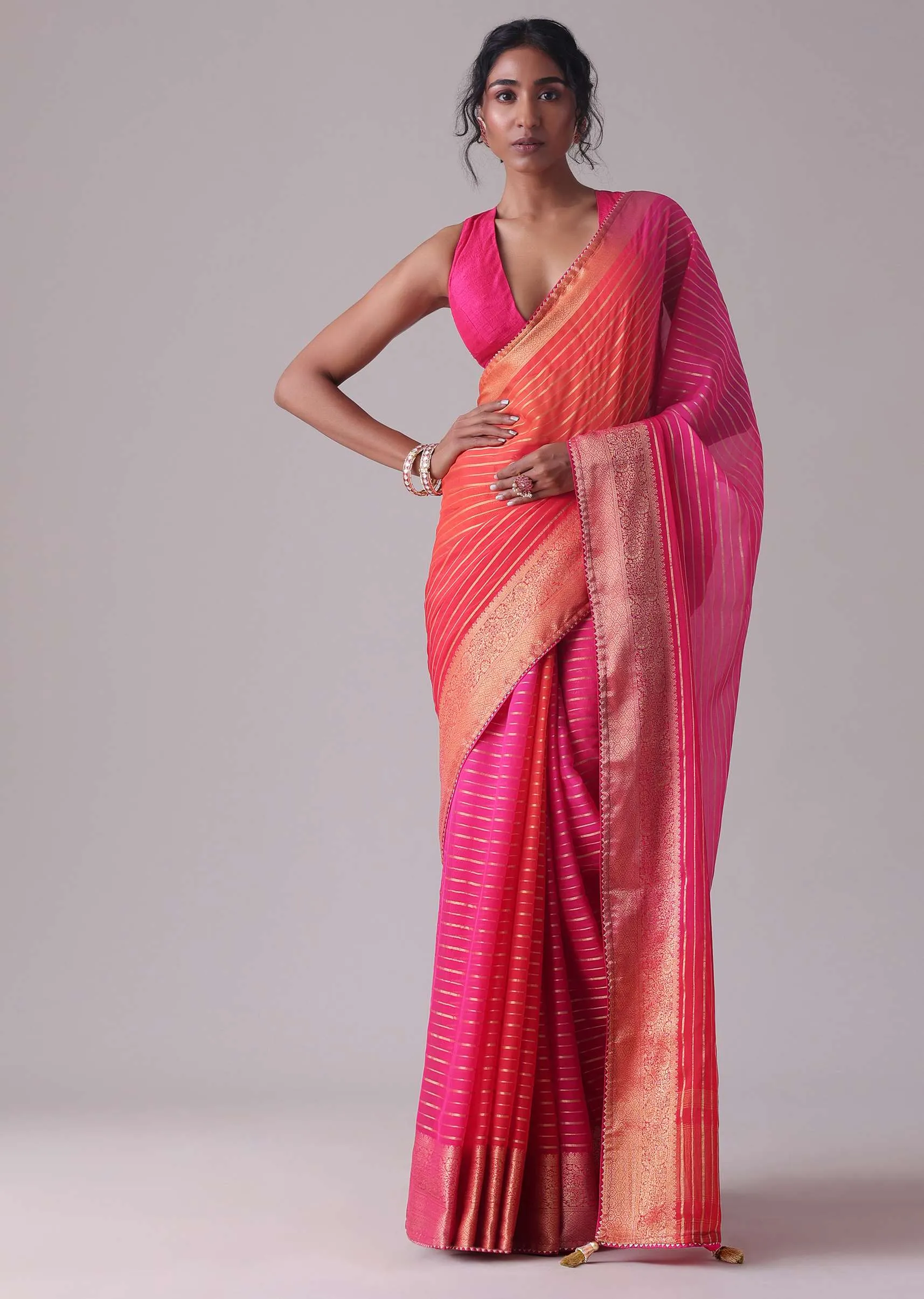 High-Risk Red Woven Ombre Saree In Organza