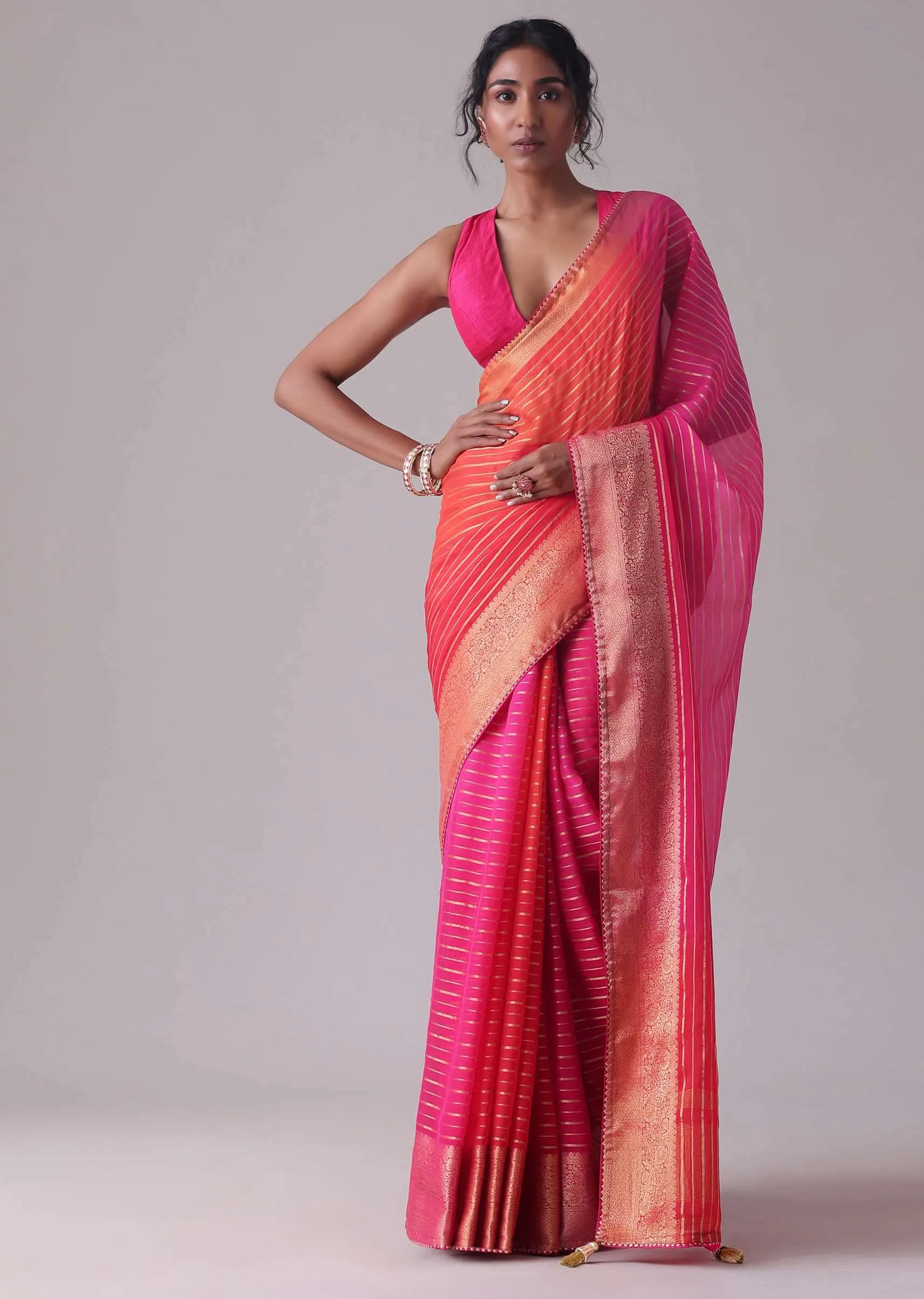 High-Risk Red Woven Ombre Saree In Organza