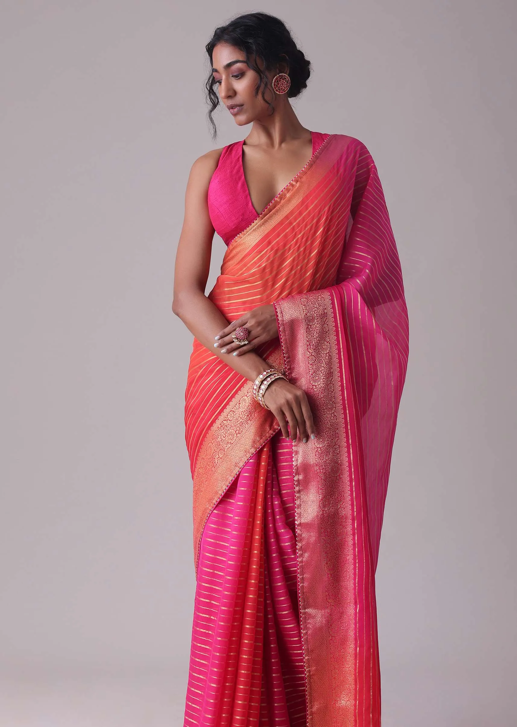 High-Risk Red Woven Ombre Saree In Organza