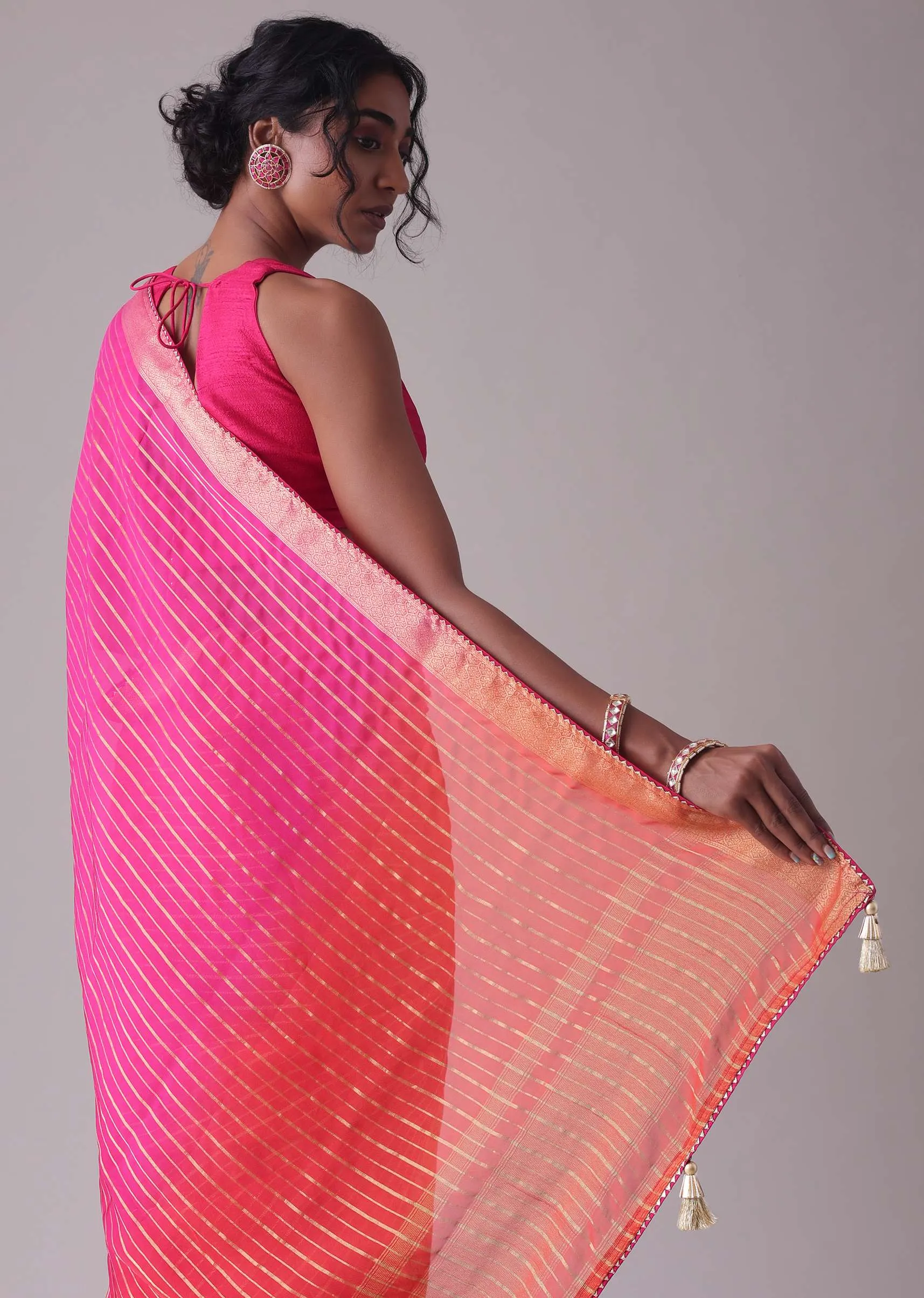 High-Risk Red Woven Ombre Saree In Organza