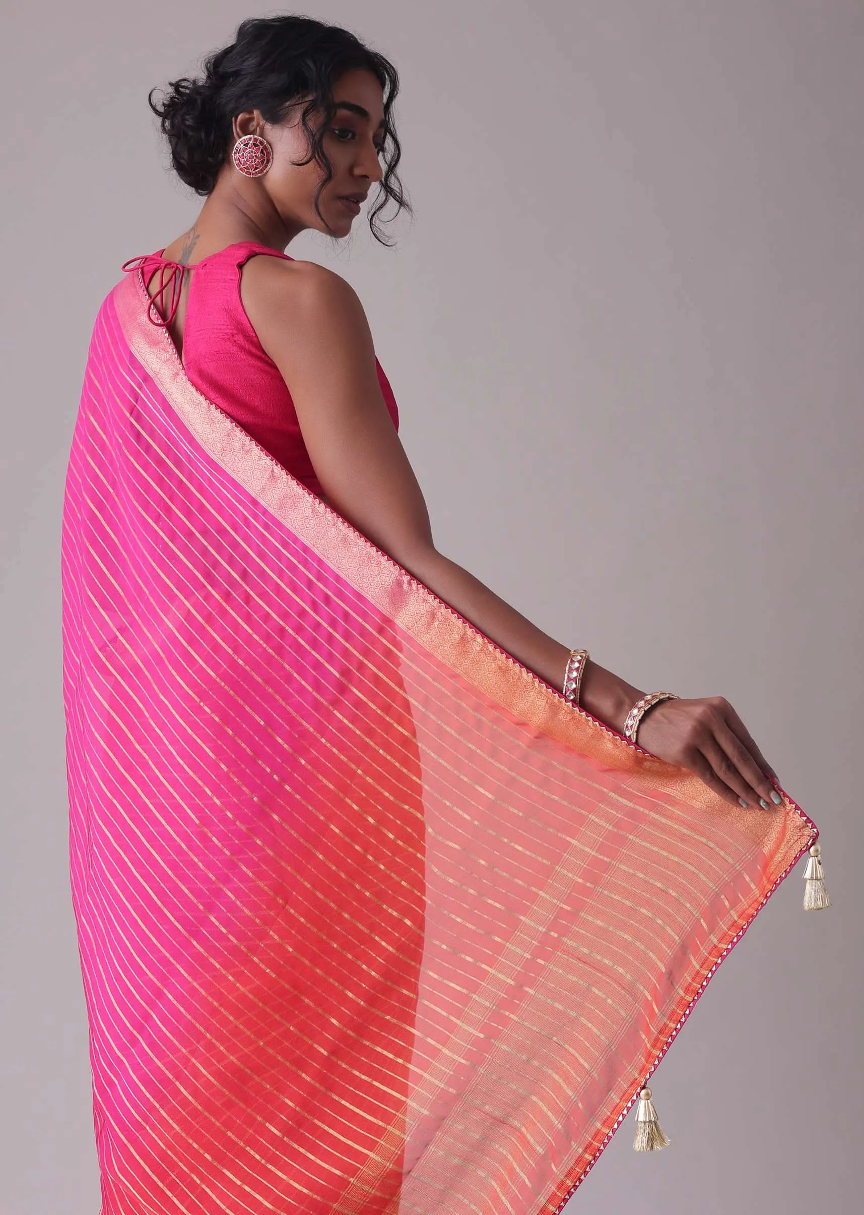High-Risk Red Woven Ombre Saree In Organza