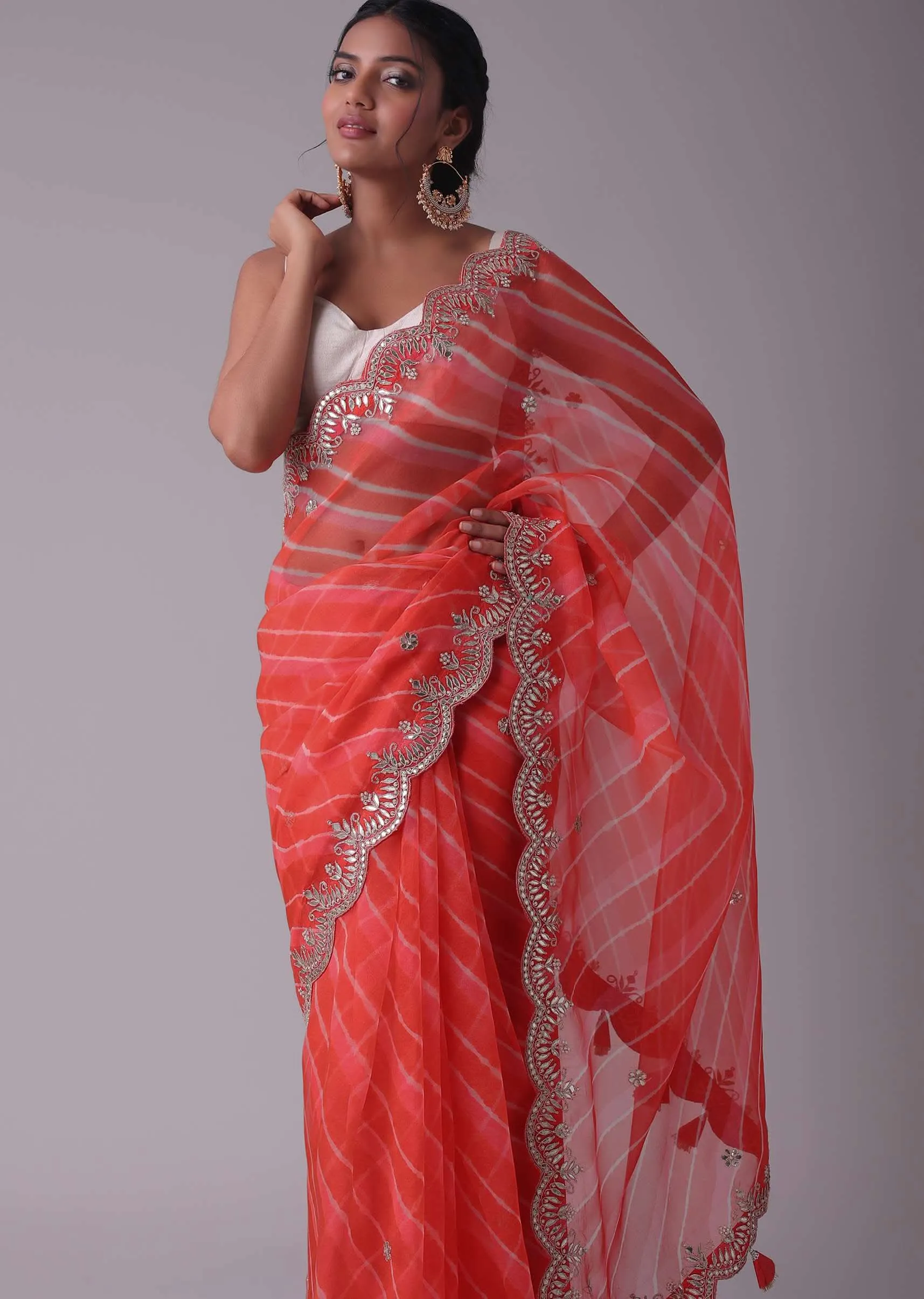 Hot Coral Orange Tissue Organza Saree In Leheriya Print With Embroidery
