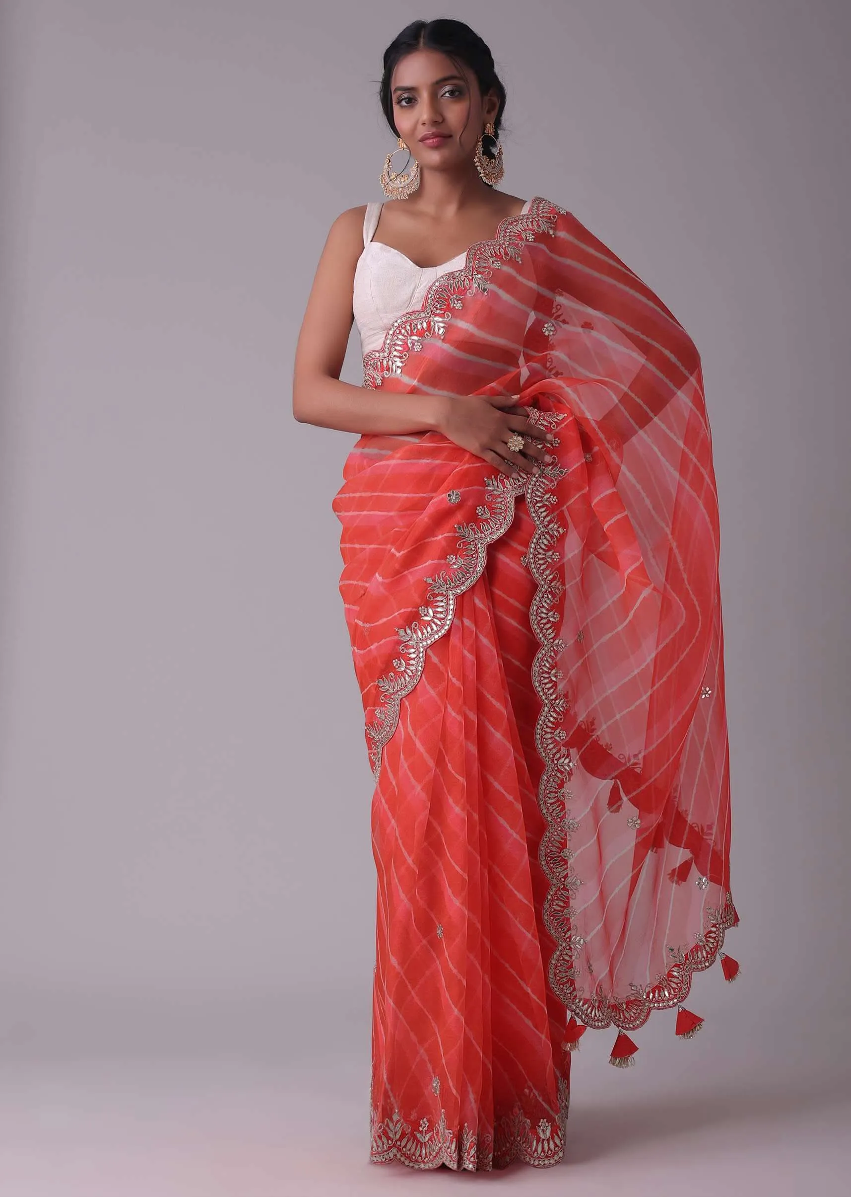Hot Coral Orange Tissue Organza Saree In Leheriya Print With Embroidery