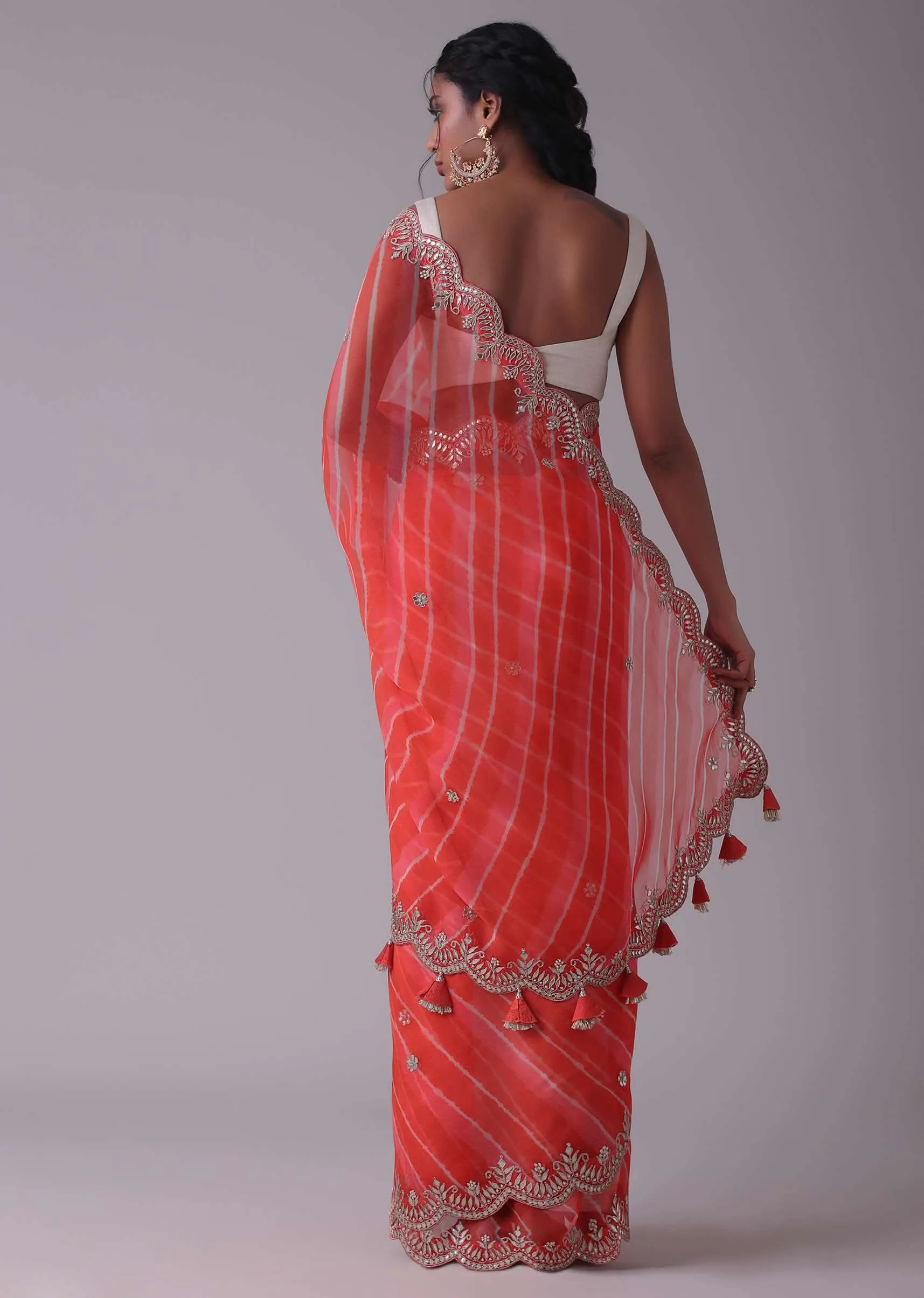 Hot Coral Orange Tissue Organza Saree In Leheriya Print With Embroidery