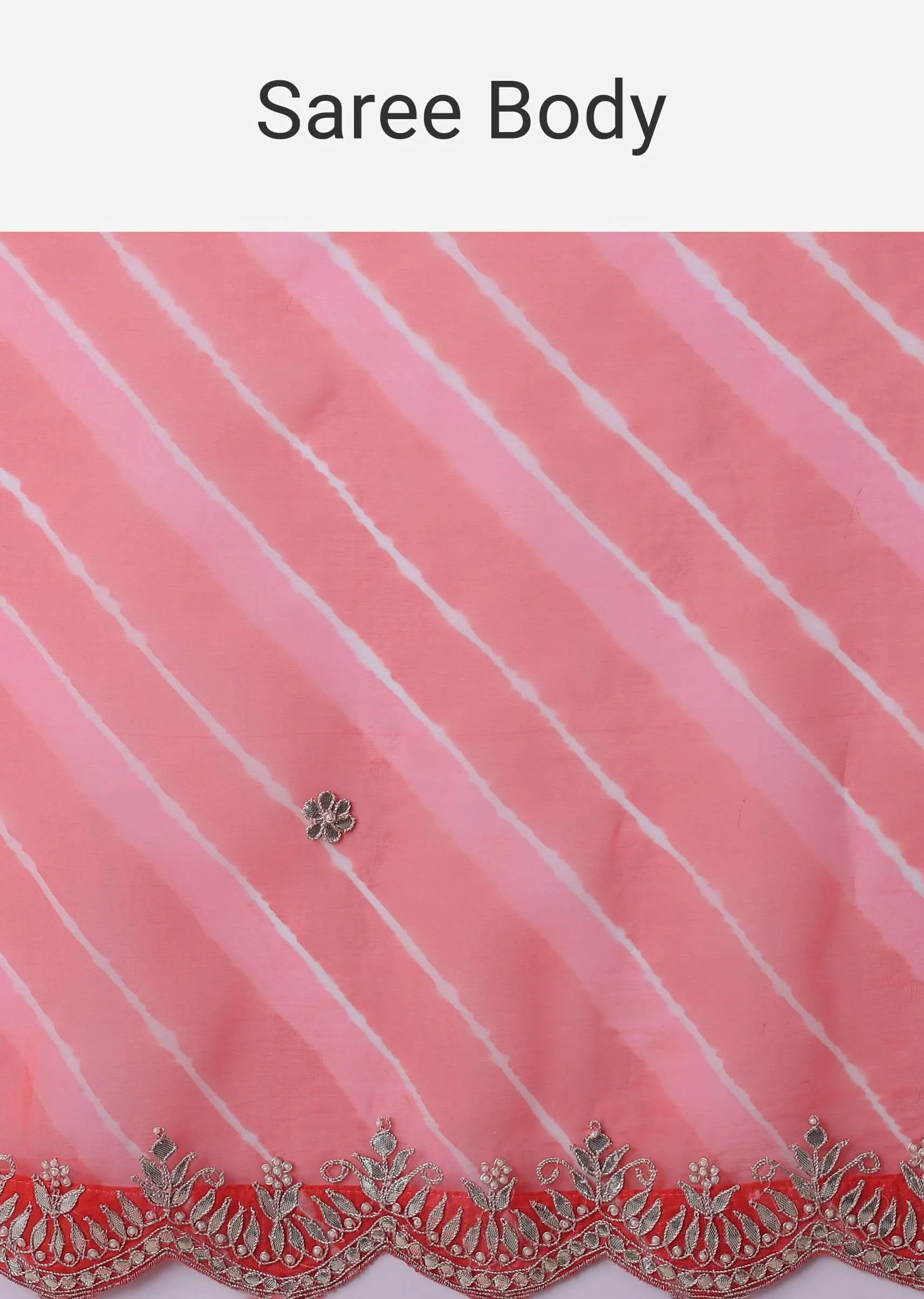 Hot Coral Orange Tissue Organza Saree In Leheriya Print With Embroidery