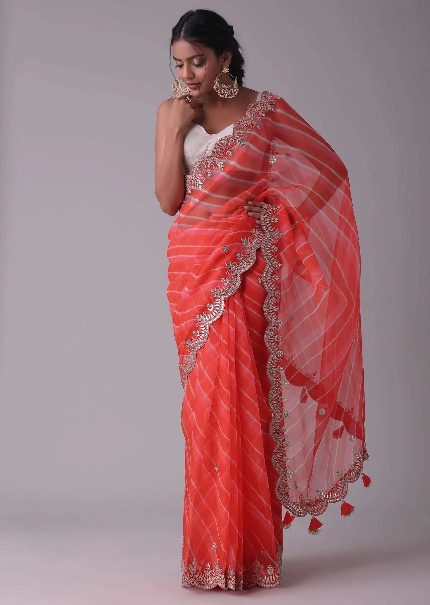 Hot Coral Orange Tissue Organza Saree In Leheriya Print With Embroidery