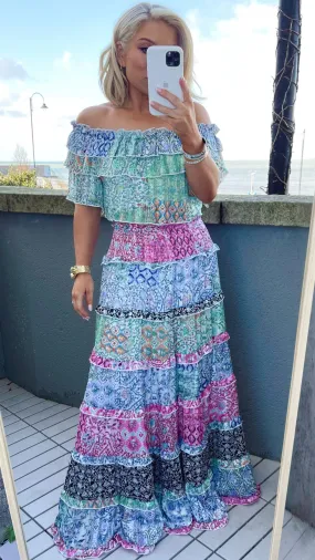 INDIE RUFFLE PATTERN SKIRT & TOP SET - MULTICOLOUR