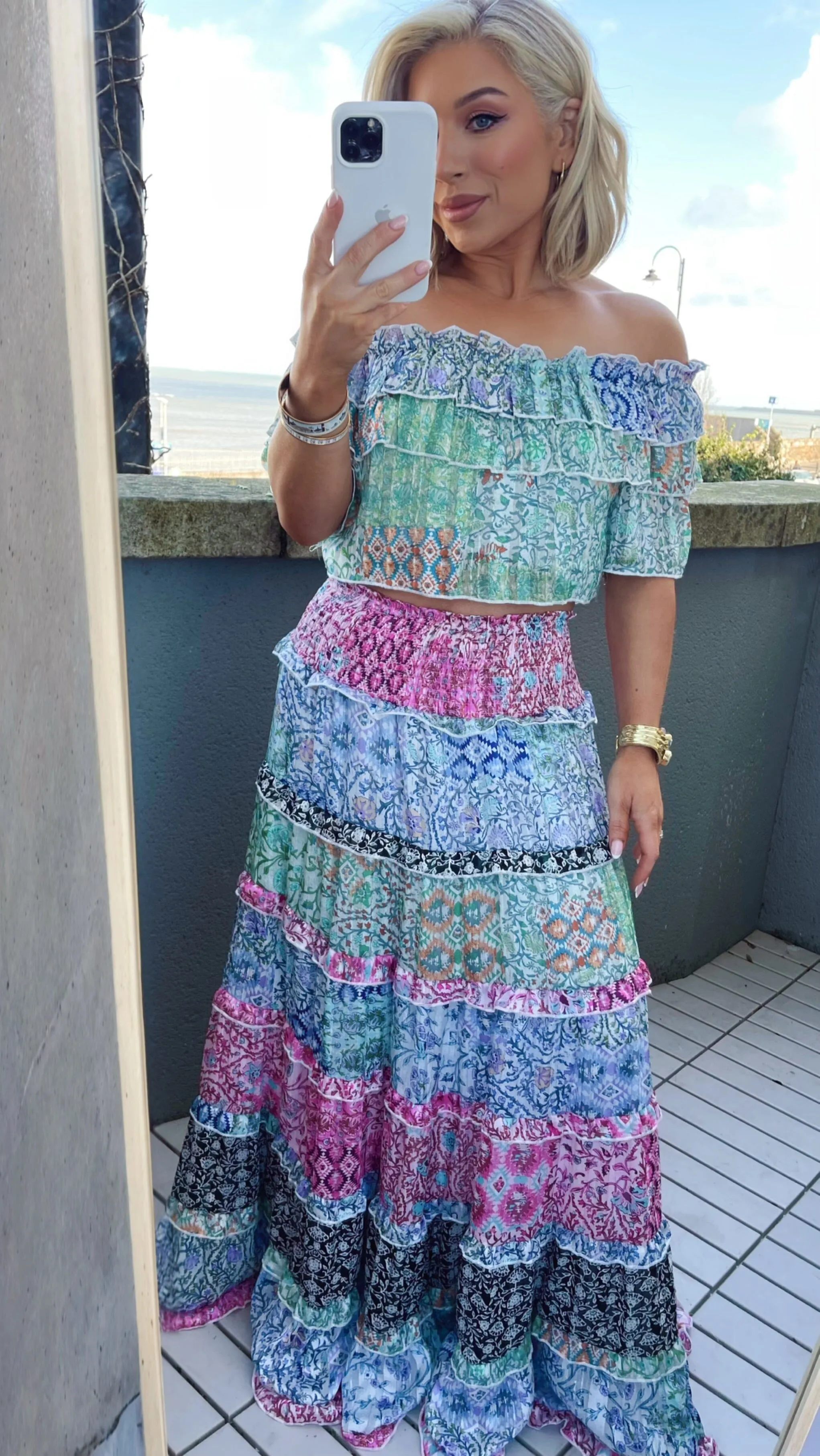 INDIE RUFFLE PATTERN SKIRT & TOP SET - MULTICOLOUR