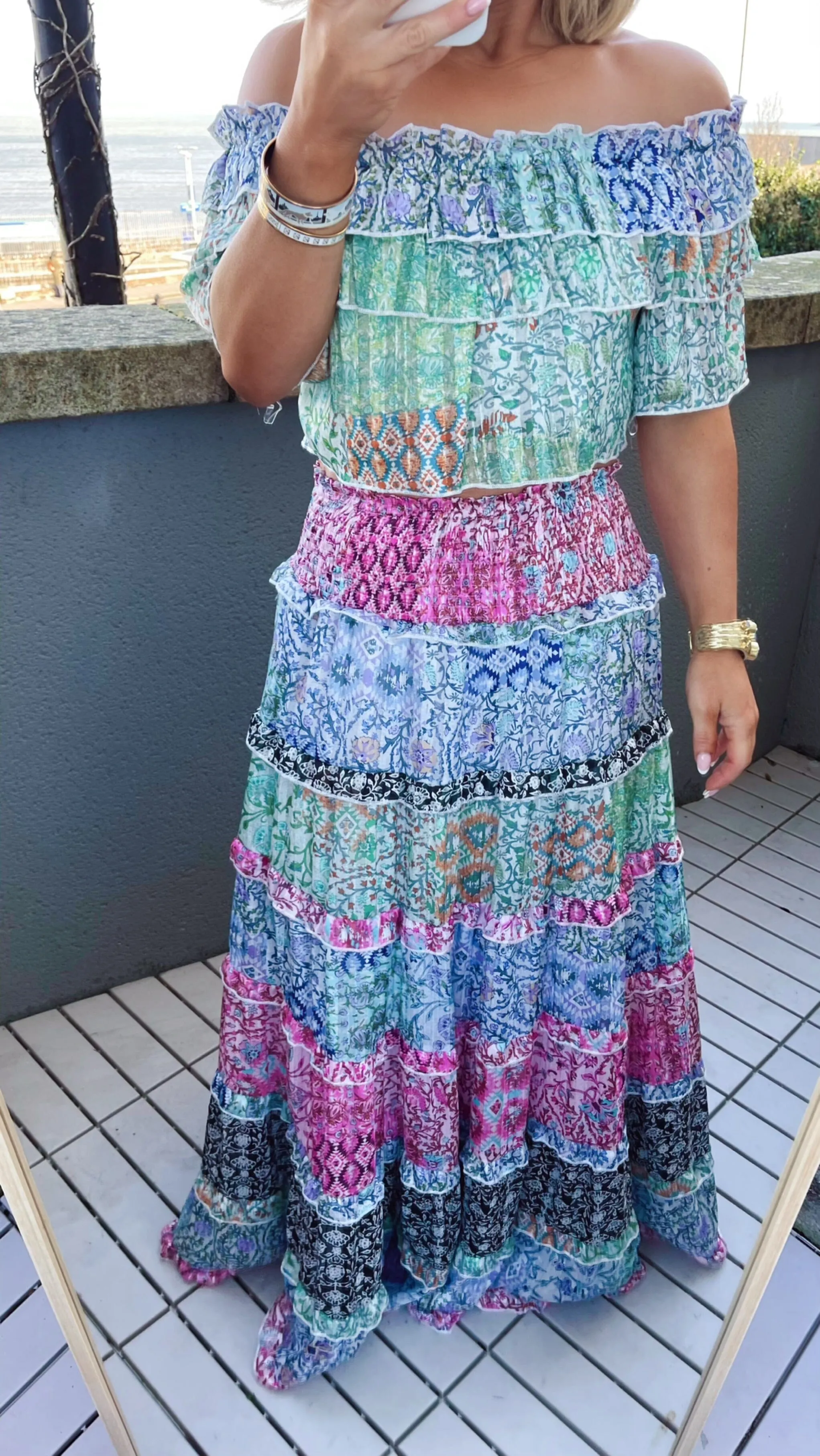INDIE RUFFLE PATTERN SKIRT & TOP SET - MULTICOLOUR