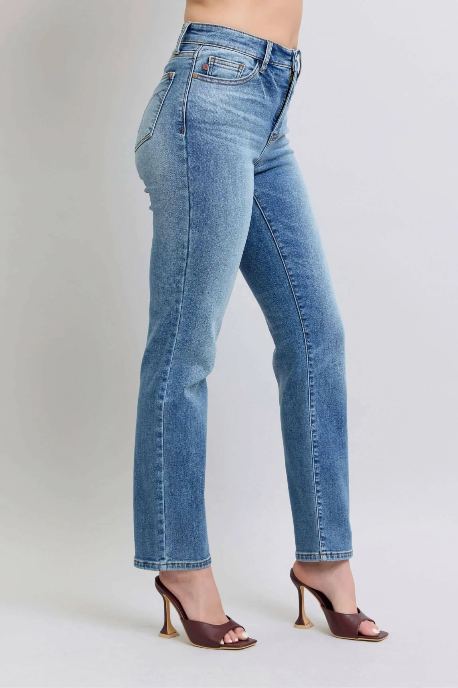 Judy Blue The Aspen High Rise Medium Wash Shearling Cuff Straight Leg Jeans | Sleek Denim Boutique