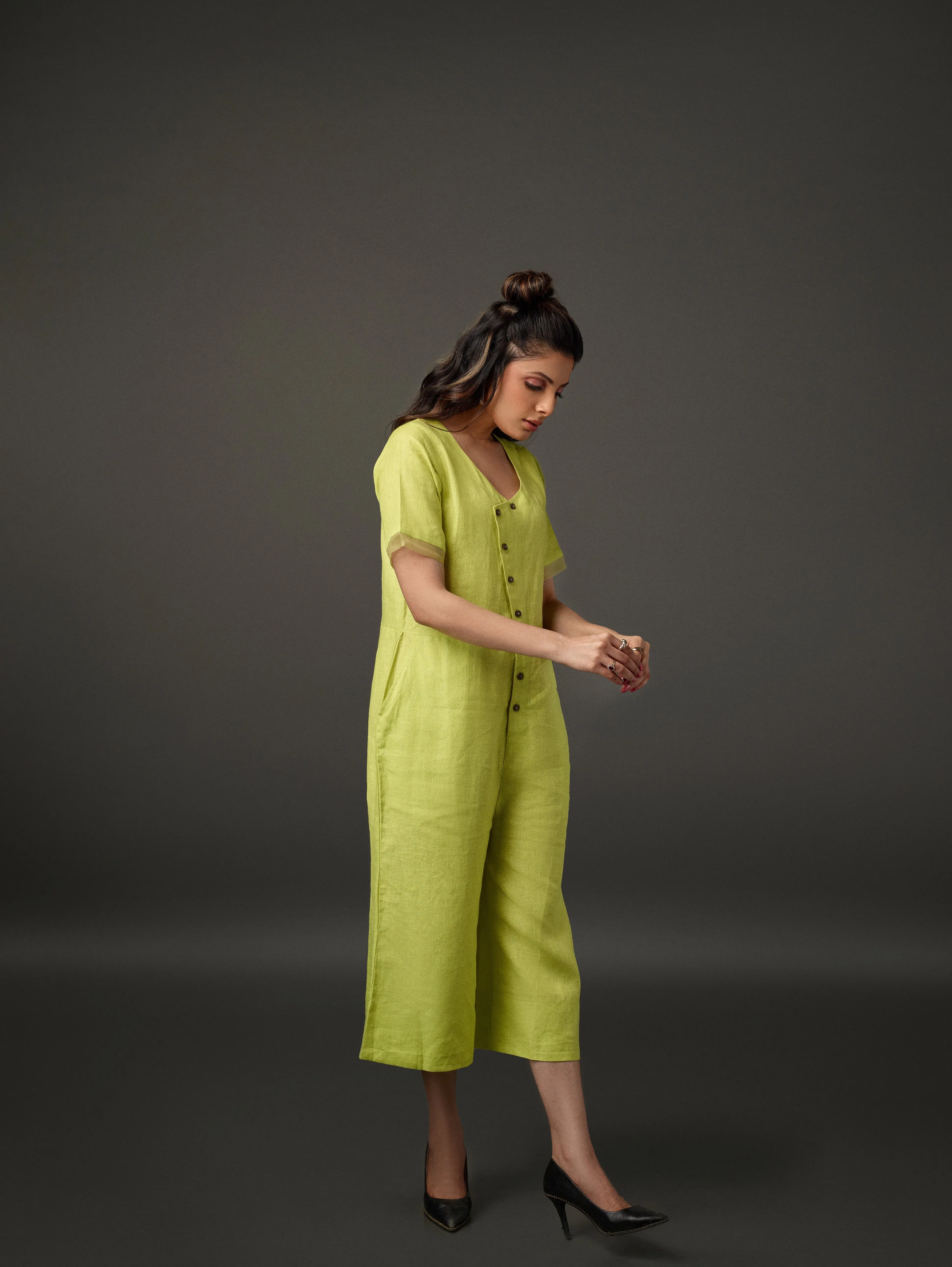 Linen Overlap Placket Culotte with Half Sleeve