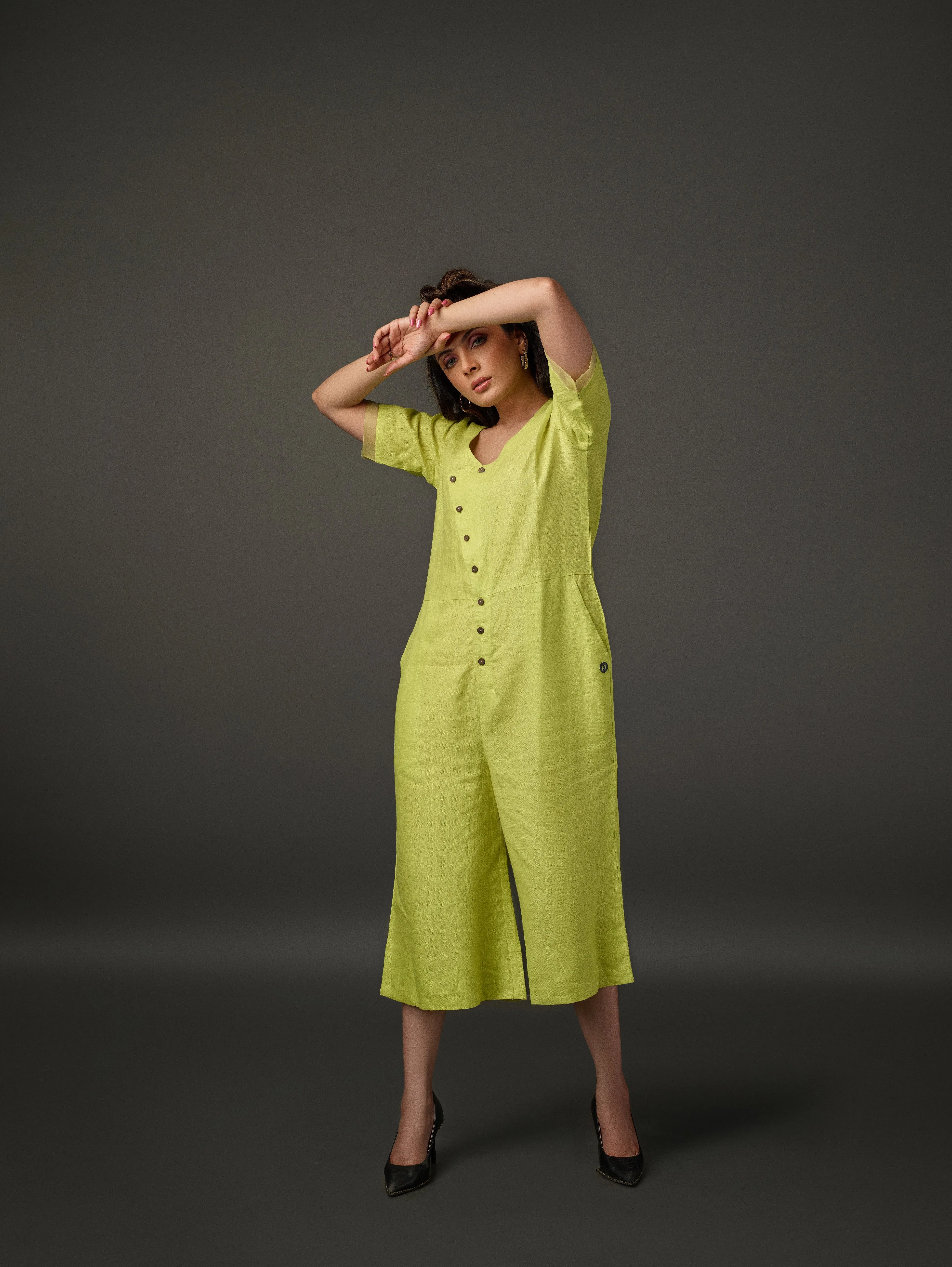 Linen Overlap Placket Culotte with Half Sleeve