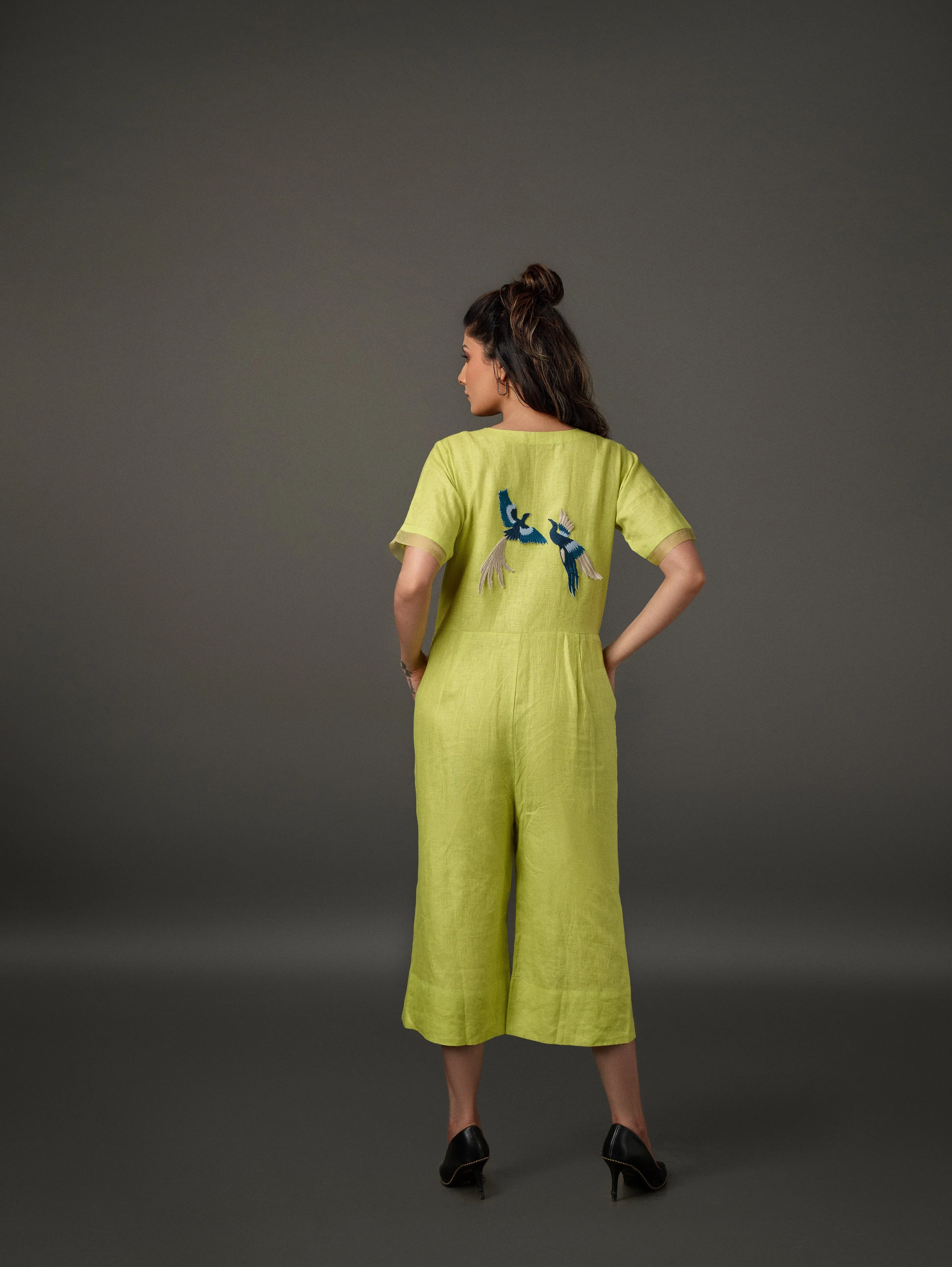 Linen Overlap Placket Culotte with Half Sleeve