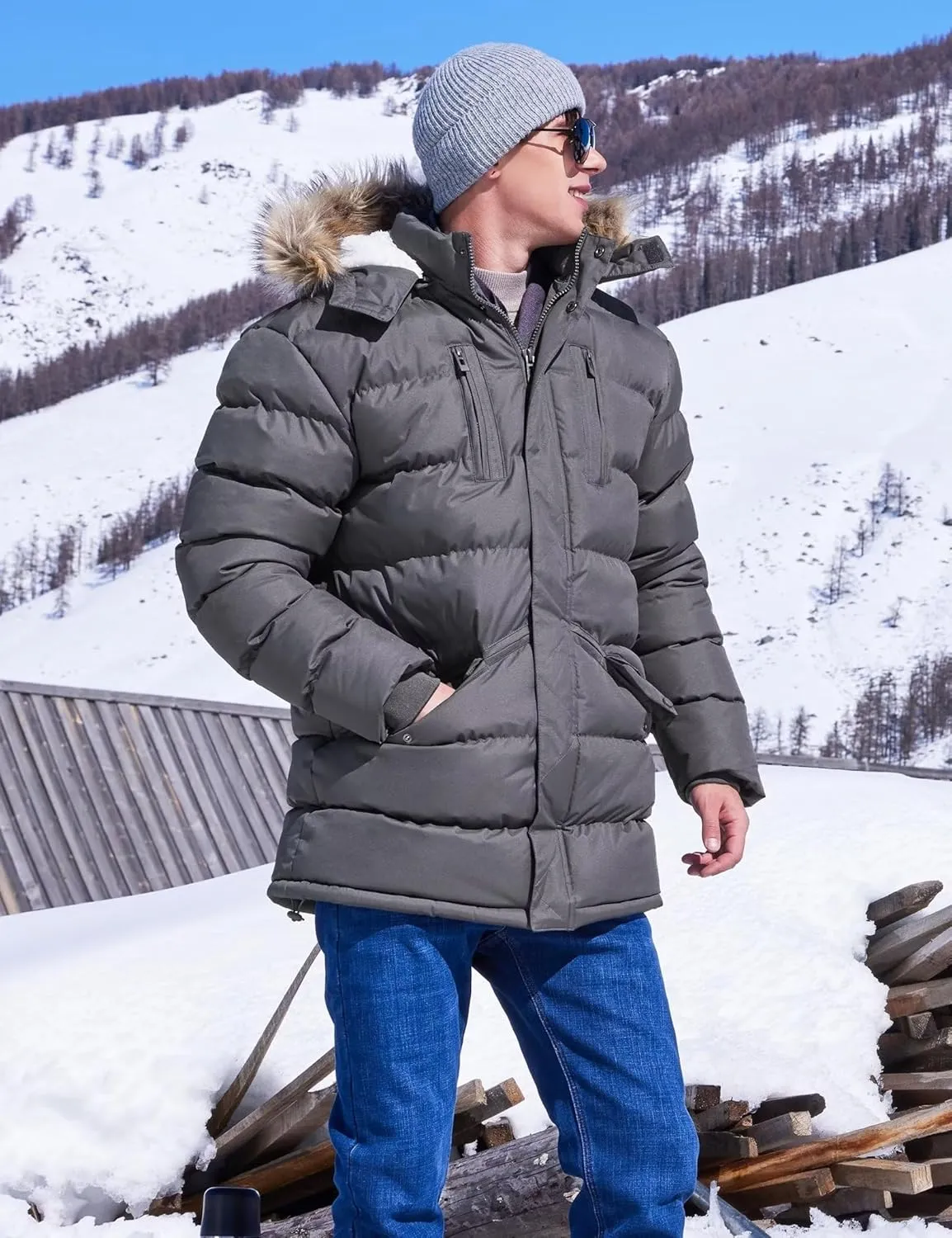 Men's Long Winter Coats Warm Water Resistant Puffy Hooded Windbreaker Insulated Thicken Jackets with Hood