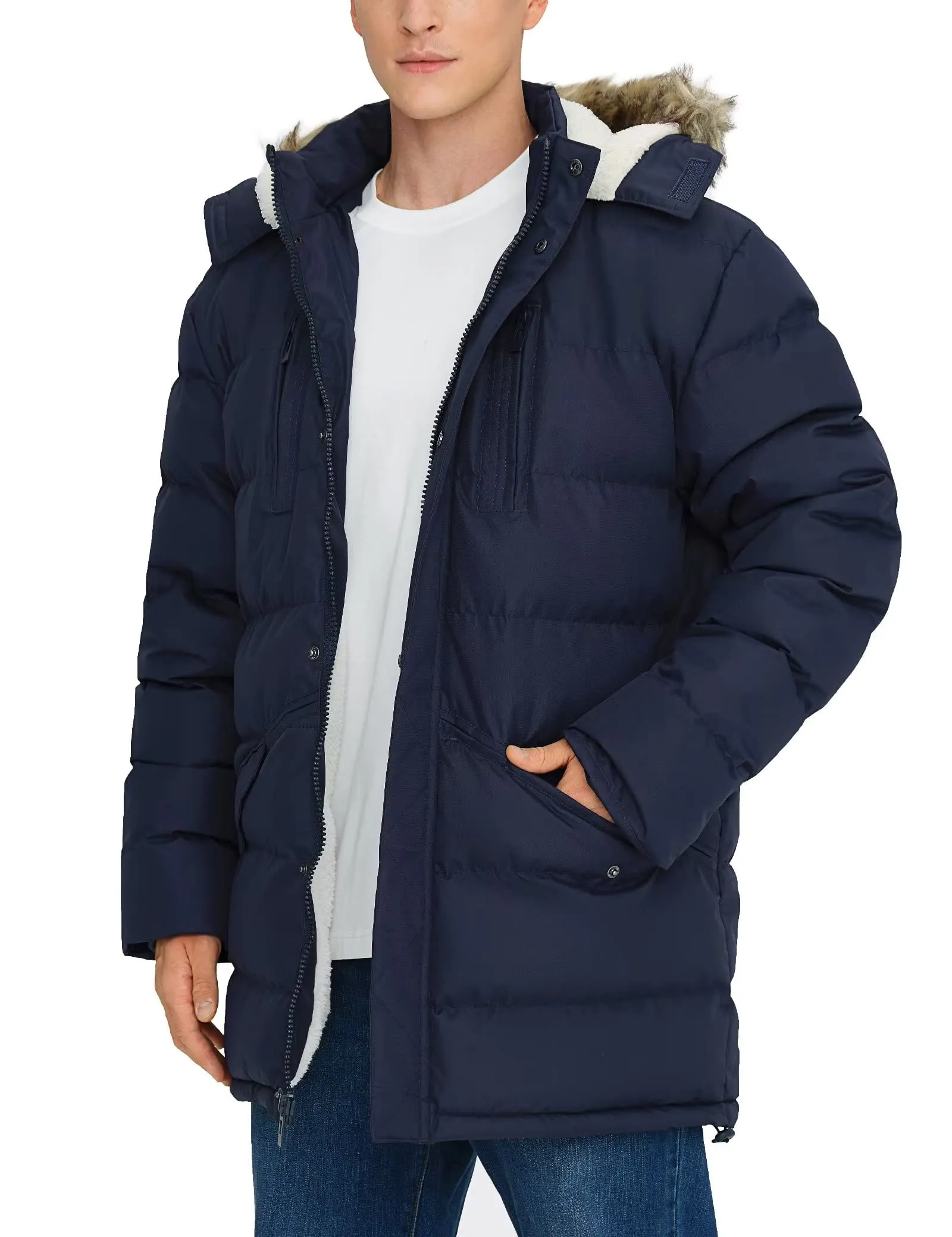 Men's Long Winter Coats Warm Water Resistant Puffy Hooded Windbreaker Insulated Thicken Jackets with Hood