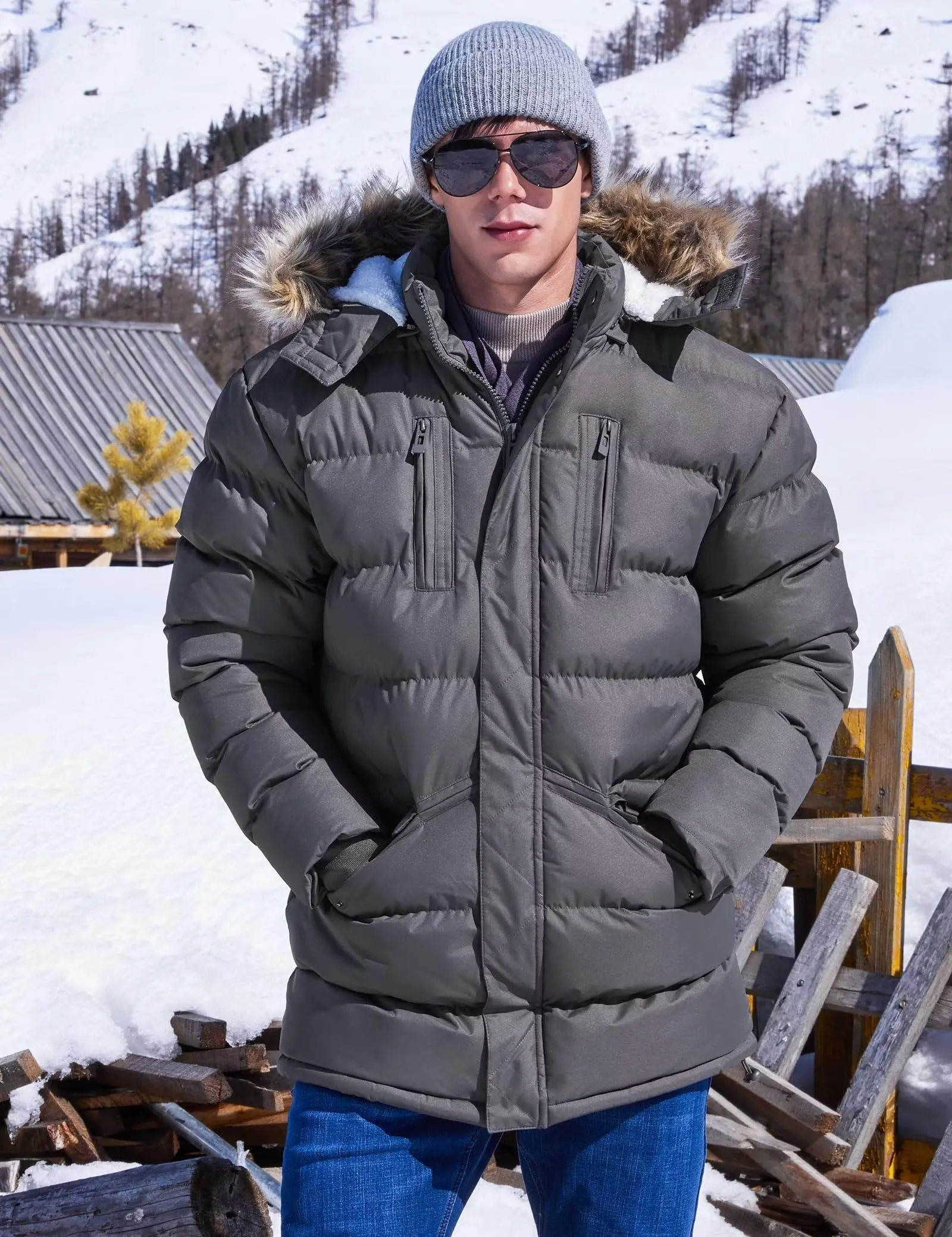 Men's Long Winter Coats Warm Water Resistant Puffy Hooded Windbreaker Insulated Thicken Jackets with Hood