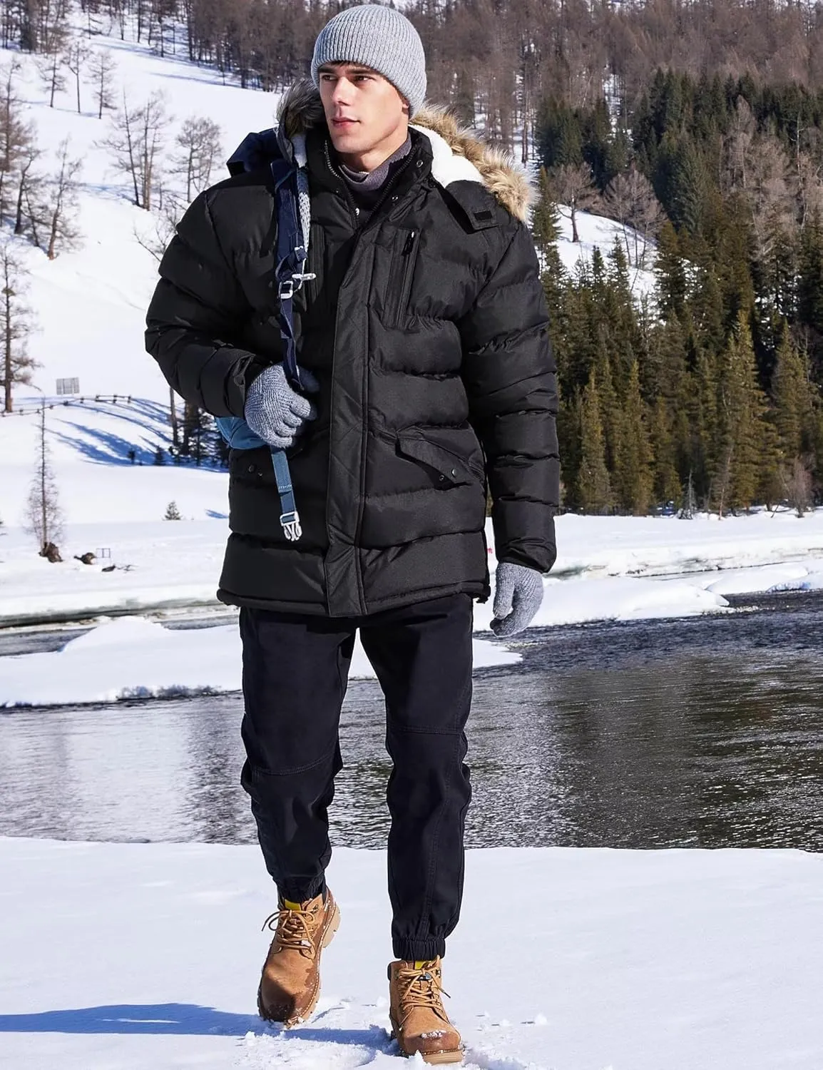 Men's Long Winter Coats Warm Water Resistant Puffy Hooded Windbreaker Insulated Thicken Jackets with Hood