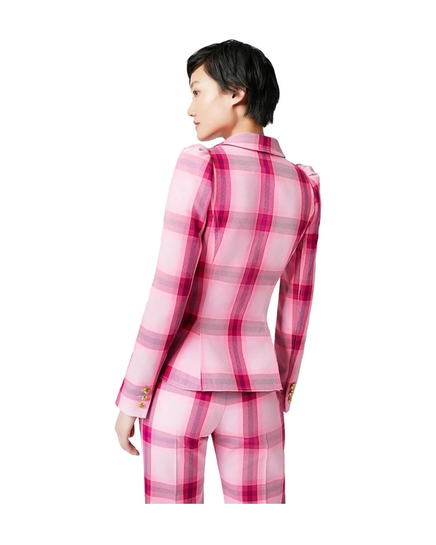 Pouf Sleeve One Button Blazer Pink Plaid