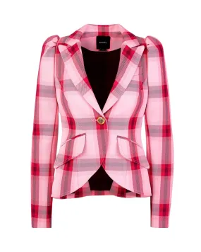 Pouf Sleeve One Button Blazer Pink Plaid