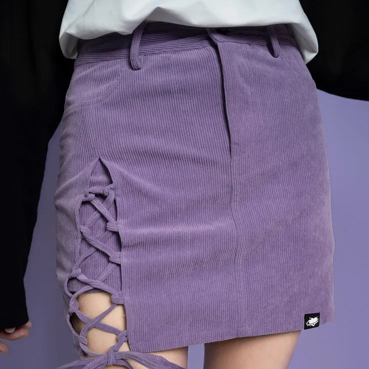 Purple Corduroy Tie-Waist Slit Mini Skirt