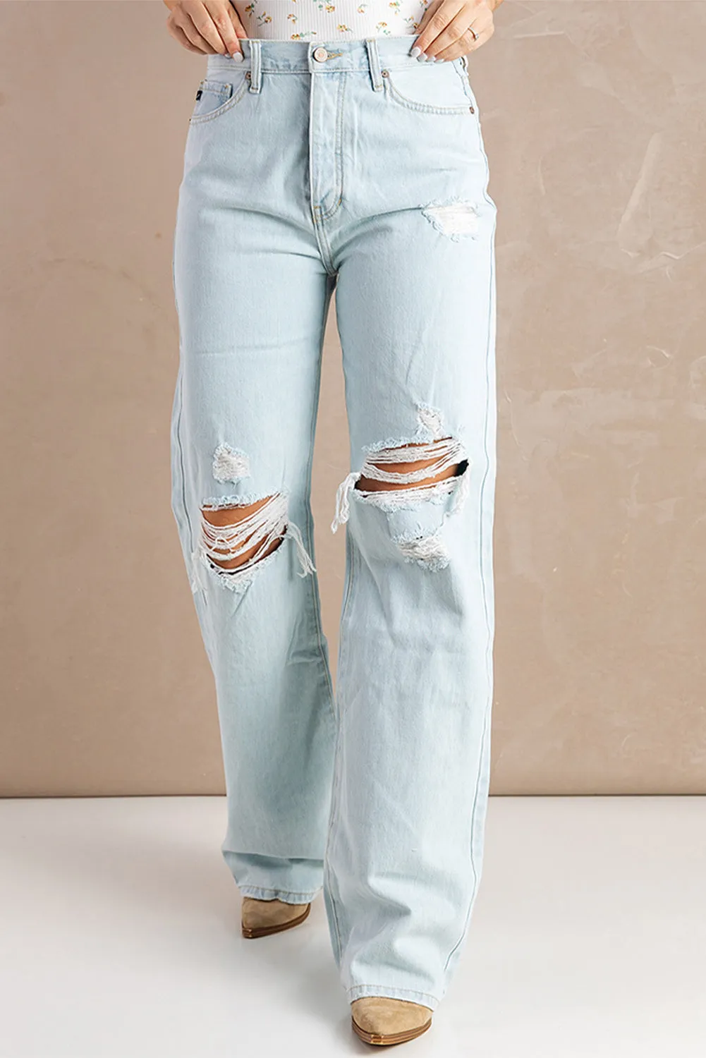 Sky Blue Washed Ripped Knee Wide Legs Jeans