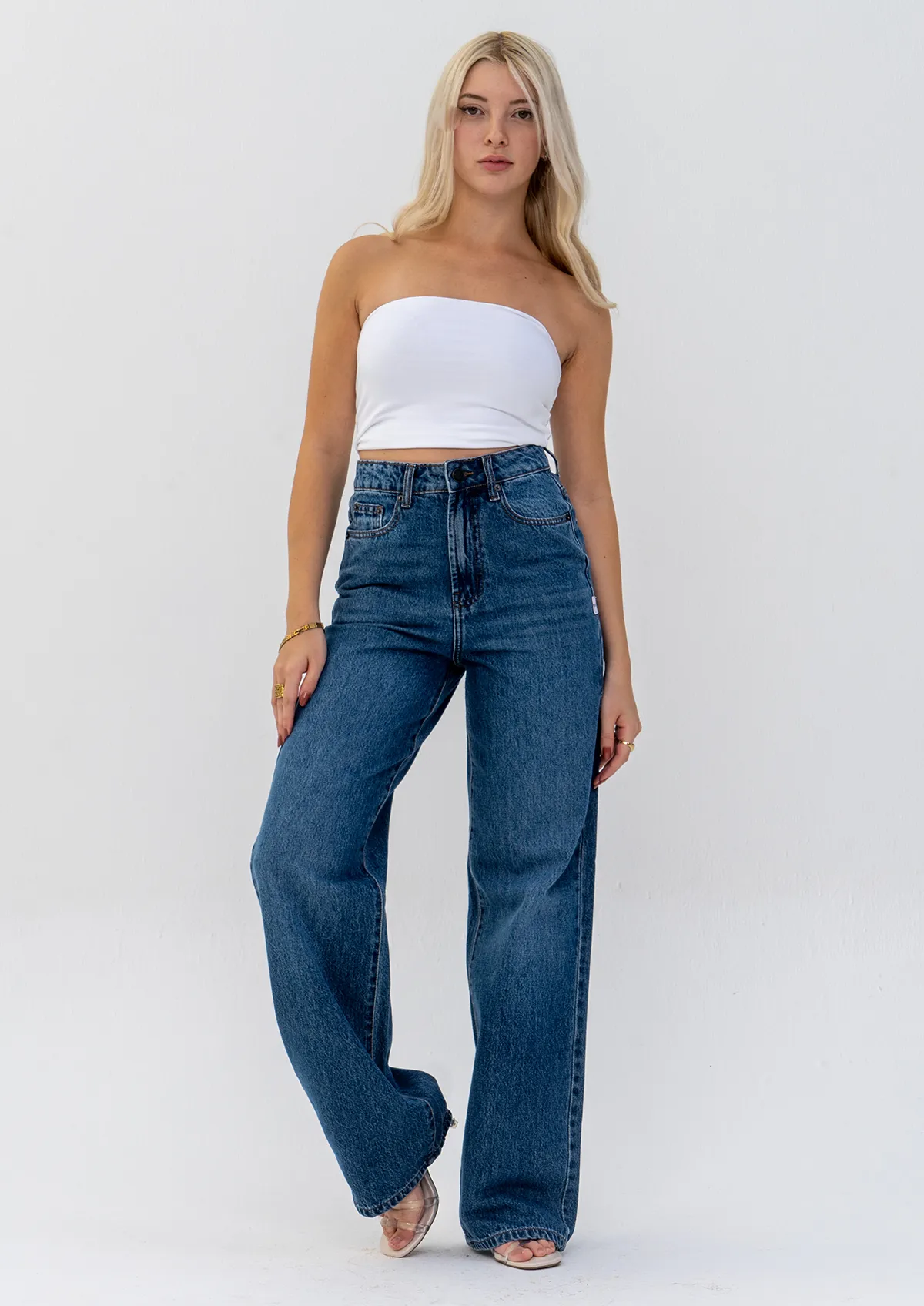Stone Wash Wide Leg Jeans