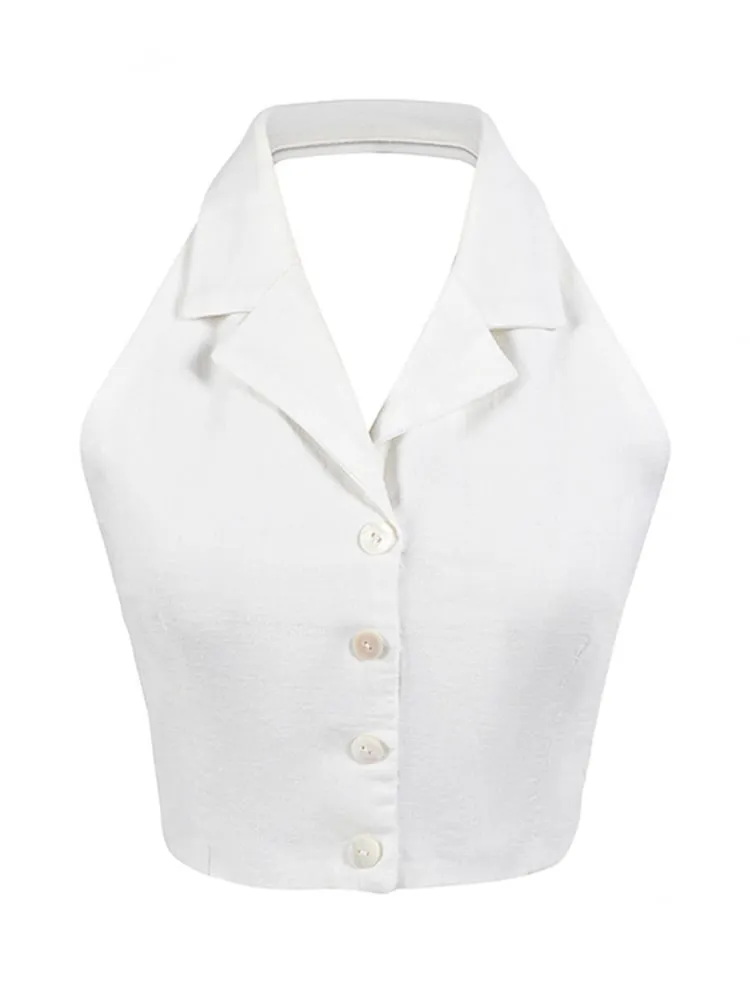 Vintage White Halter Neck Self-tie Straps Top