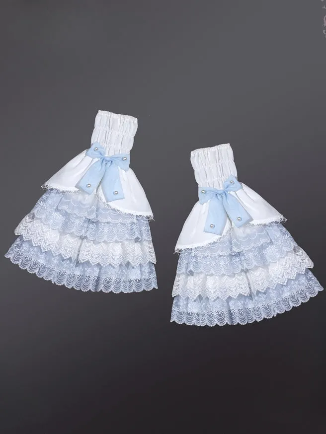 White & Light Blue Bow Accents Layered Lace Trim Bell Sleeves