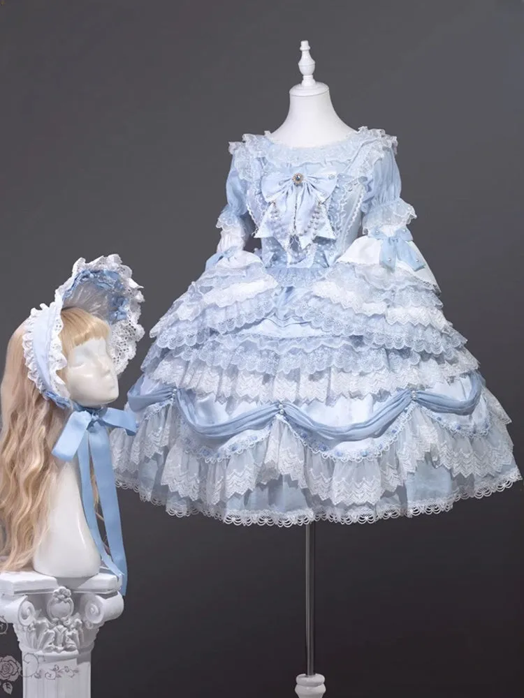 White & Light Blue Bow Accents Layered Lace Trim Bell Sleeves