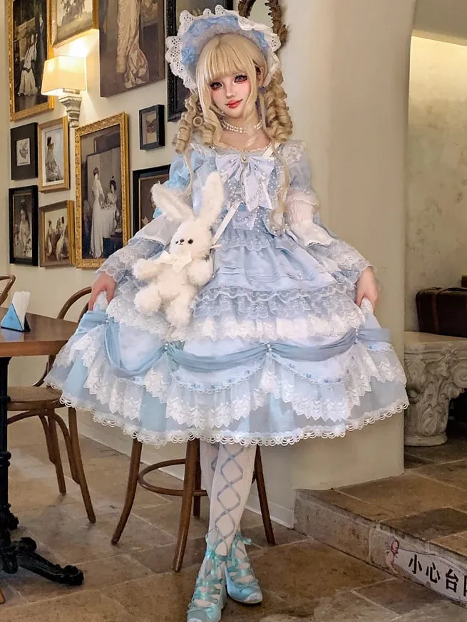 White & Light Blue Bow Accents Layered Lace Trim Bell Sleeves